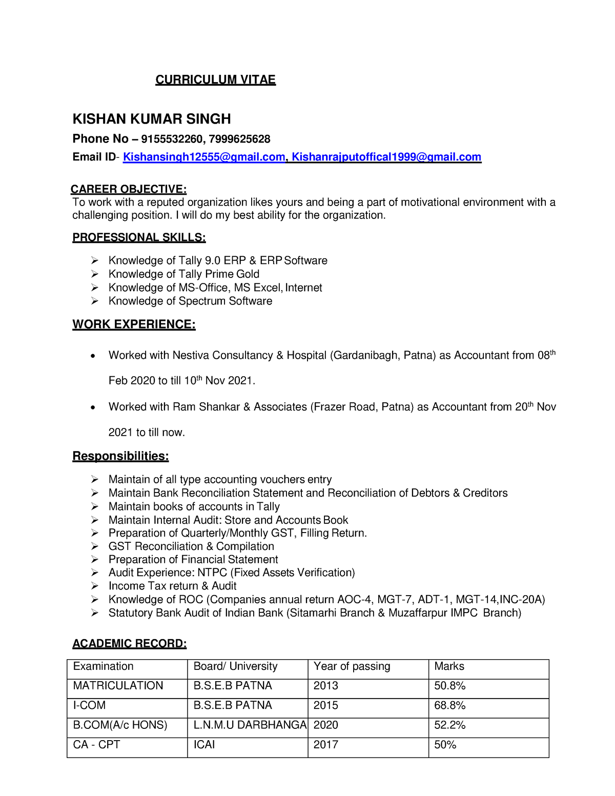 CV+(Kishan+Kumar+Singh)+ - CURRICULUM VITAE KISHAN KUMAR SINGH Phone No ...