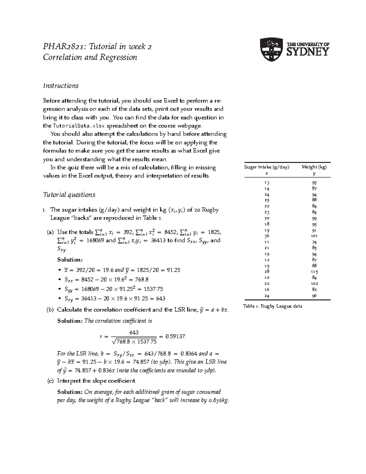 Tutorial 1 - Tut 1 Answers - PHAR 2821 : Tutorial In Week 2 Correlation ...