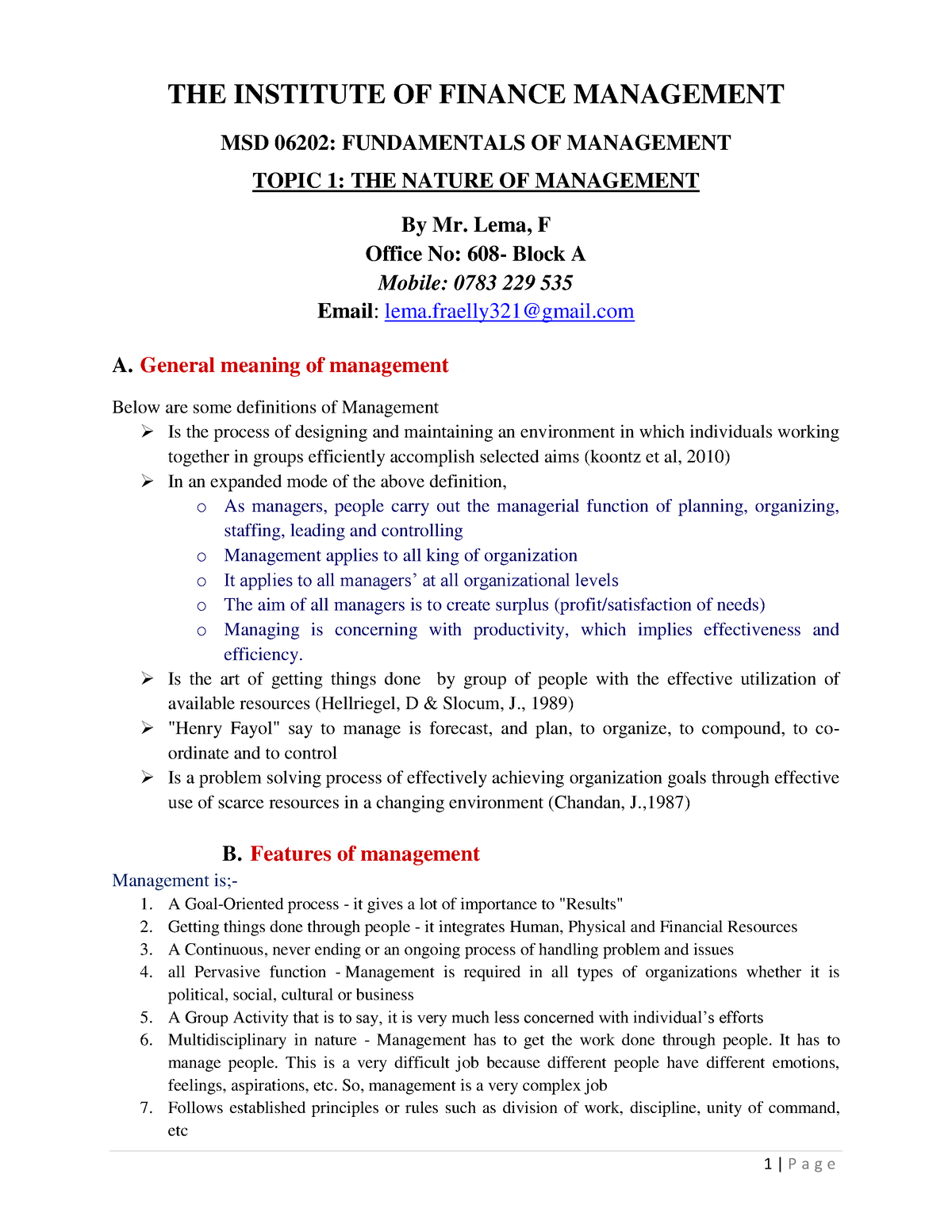 Management 1 - Lecture Notes - THE INSTITUTE OF FINANCE MANAGEMENT MSD ...