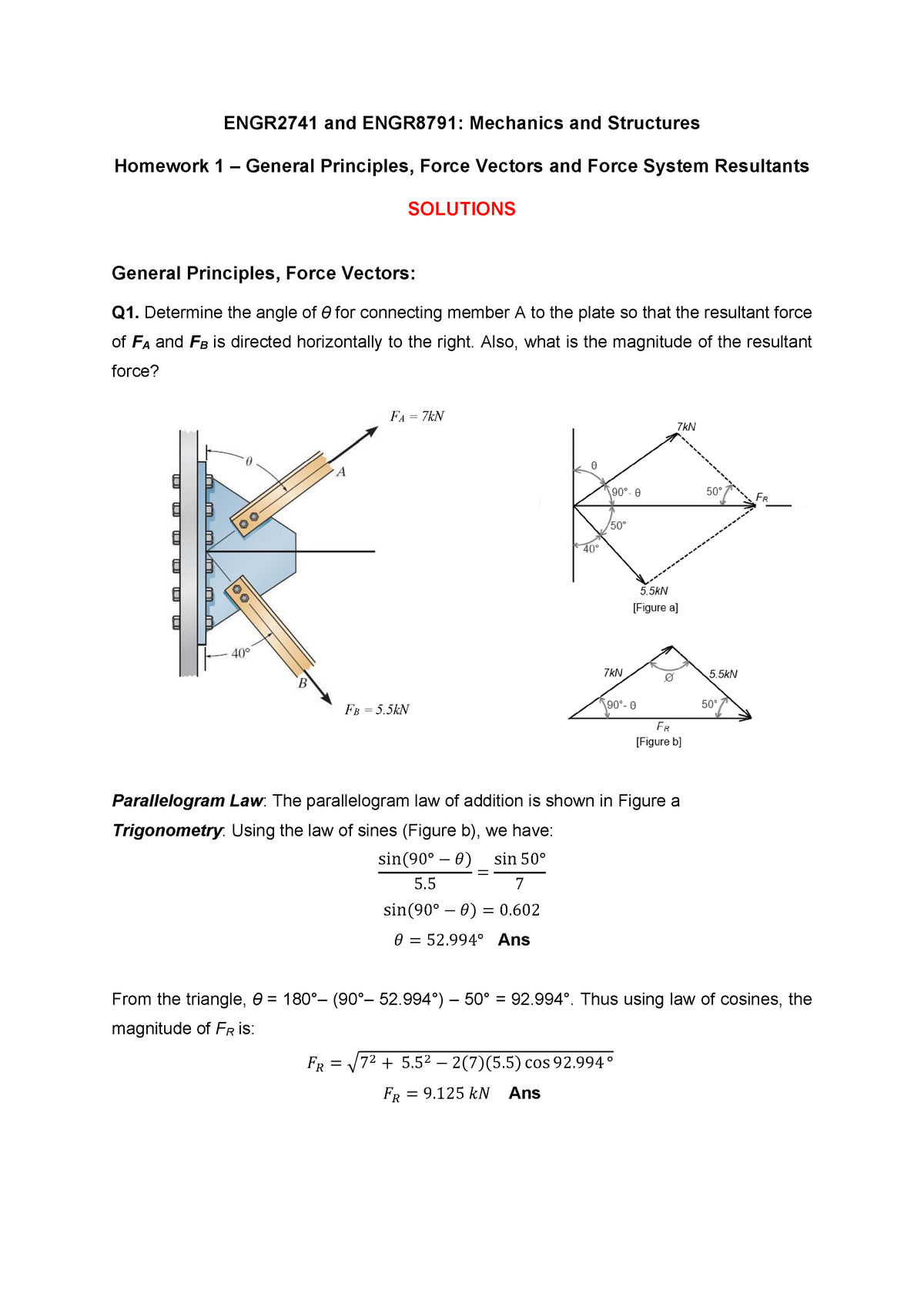 Homework 1, General Principles-Force Vectors-Force System Resultants ...