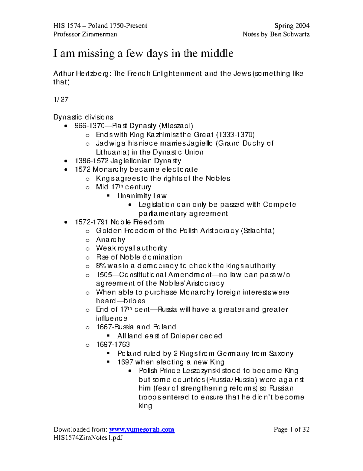 HIS1574Zim Notes 1 Professor Zimmerman Notes by Ben Schwartz