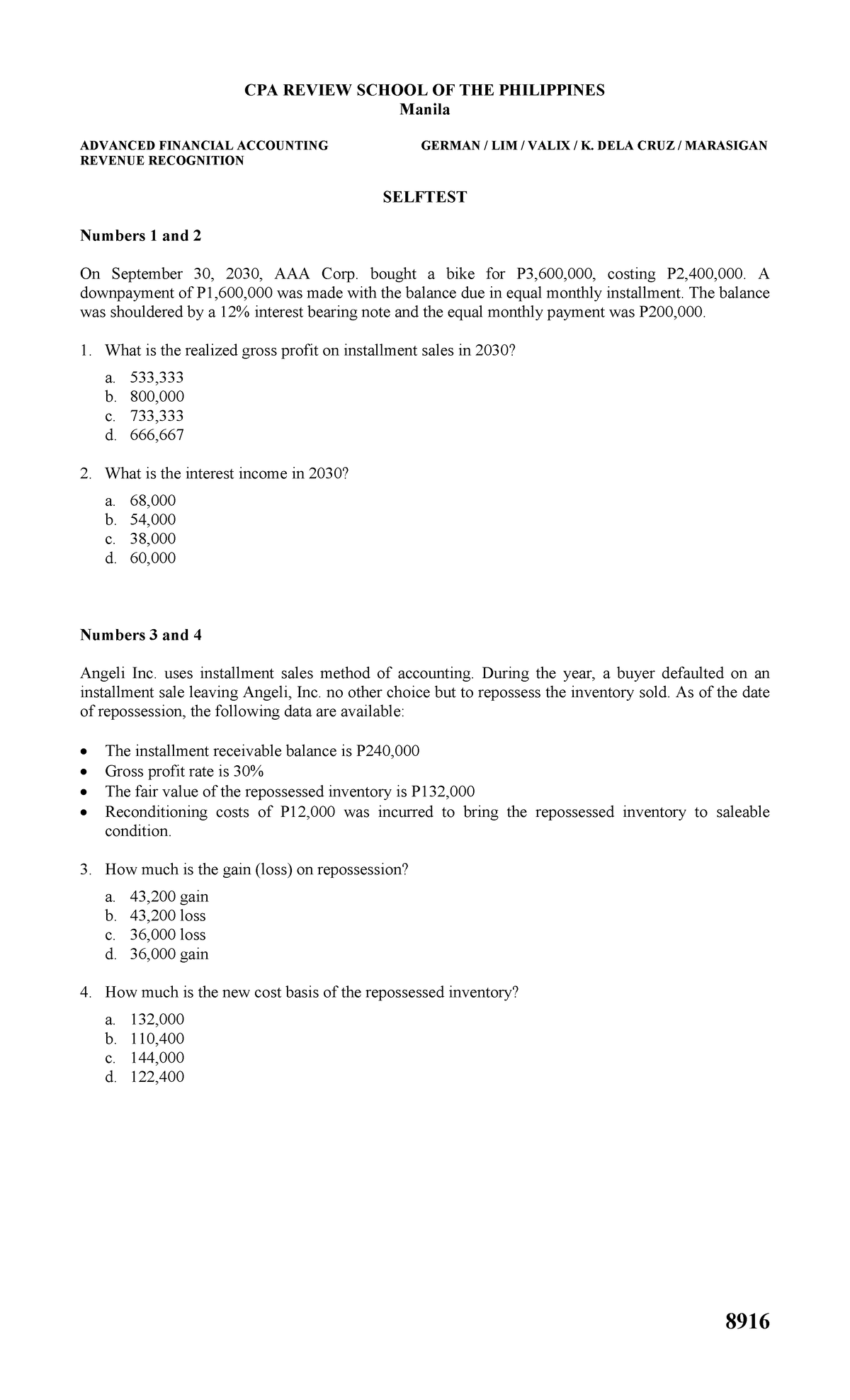 8916 - AFAR Revenue Recognition Self Test - CPA REVIEW SCHOOL OF THE ...