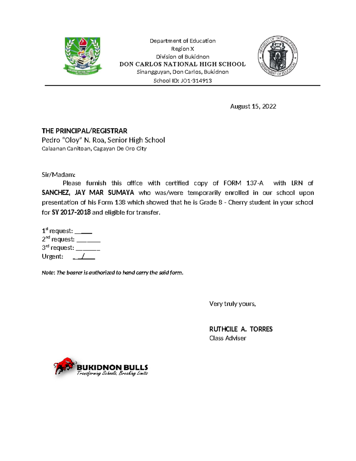 Request form - letter - Department of Education Region X Division of ...