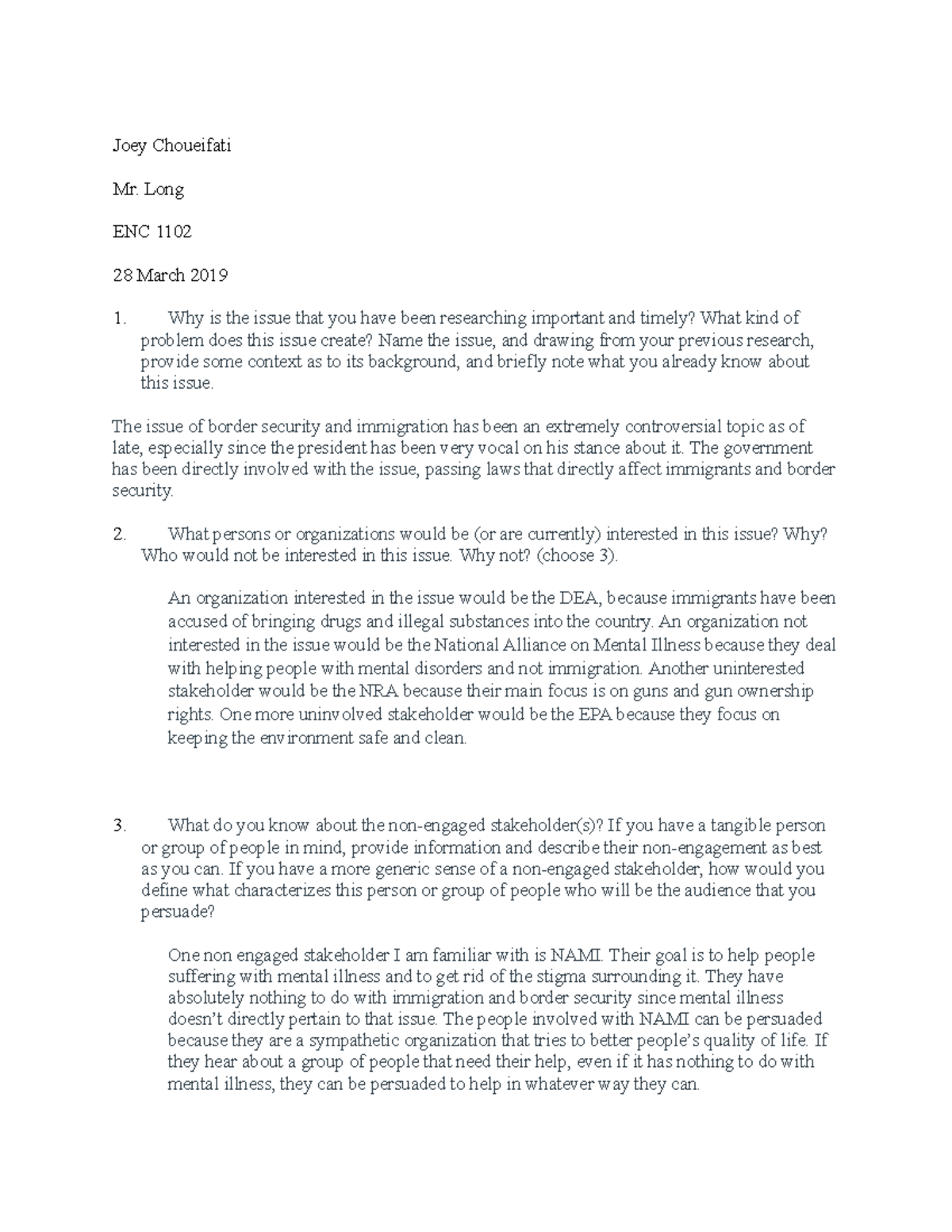 Comp 2 project 3 - comp 2 proj 3 - Joey Choueifati Mr. Long ENC 1102 28 ...