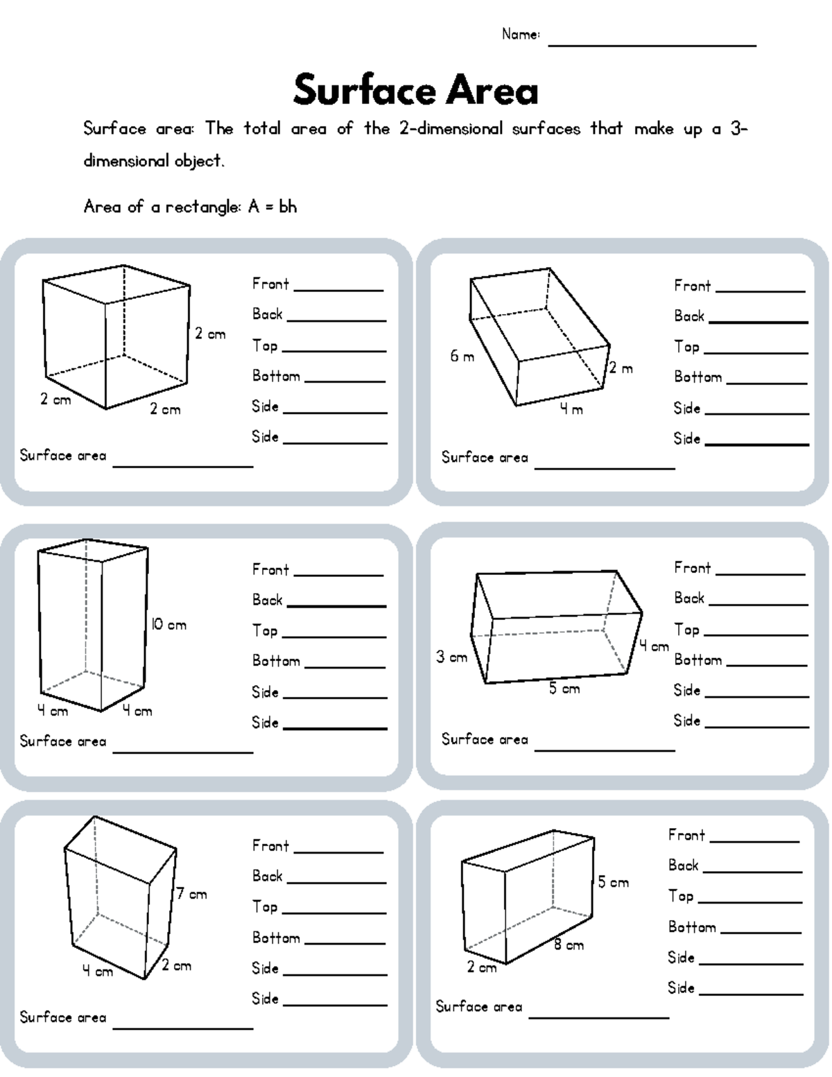Surface Areaof Rectangular Prisms Scaffolded Worksheet 1 2 Cm 2 Cm 2