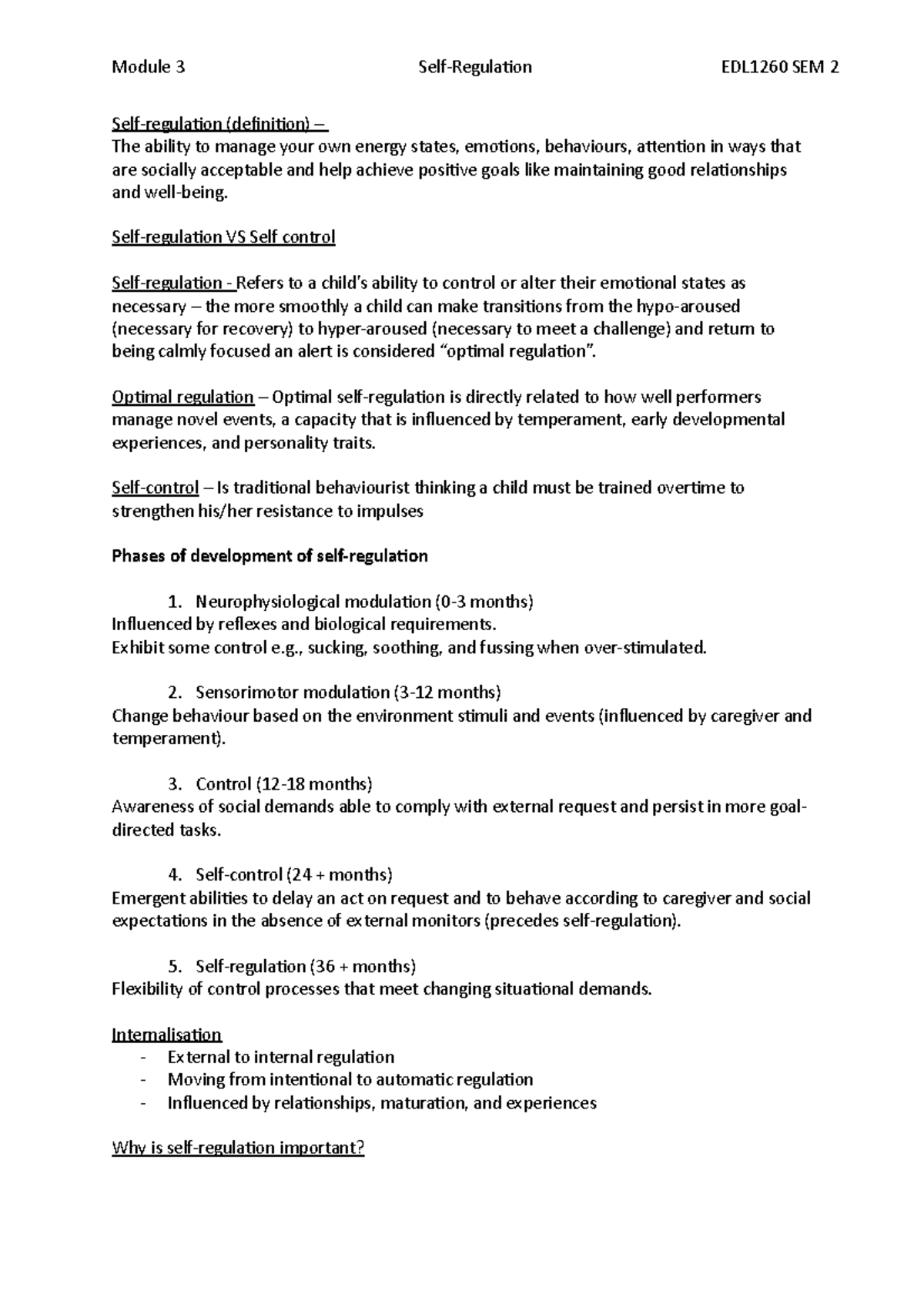 Module 3 - Self-regulation EDL1260 - Self-regulation (definition) – The ...