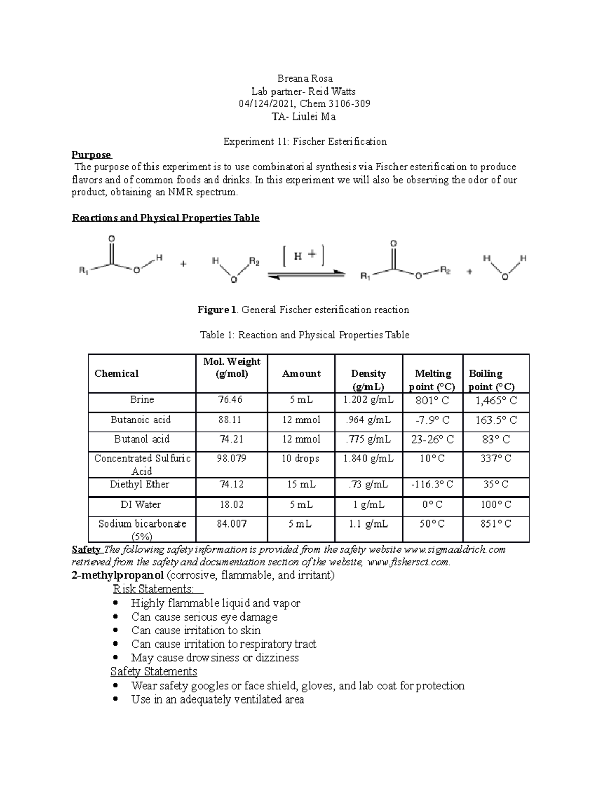 Ochem 3106 Experiment 11 Lab Report Fischer Esterification - Breana ...