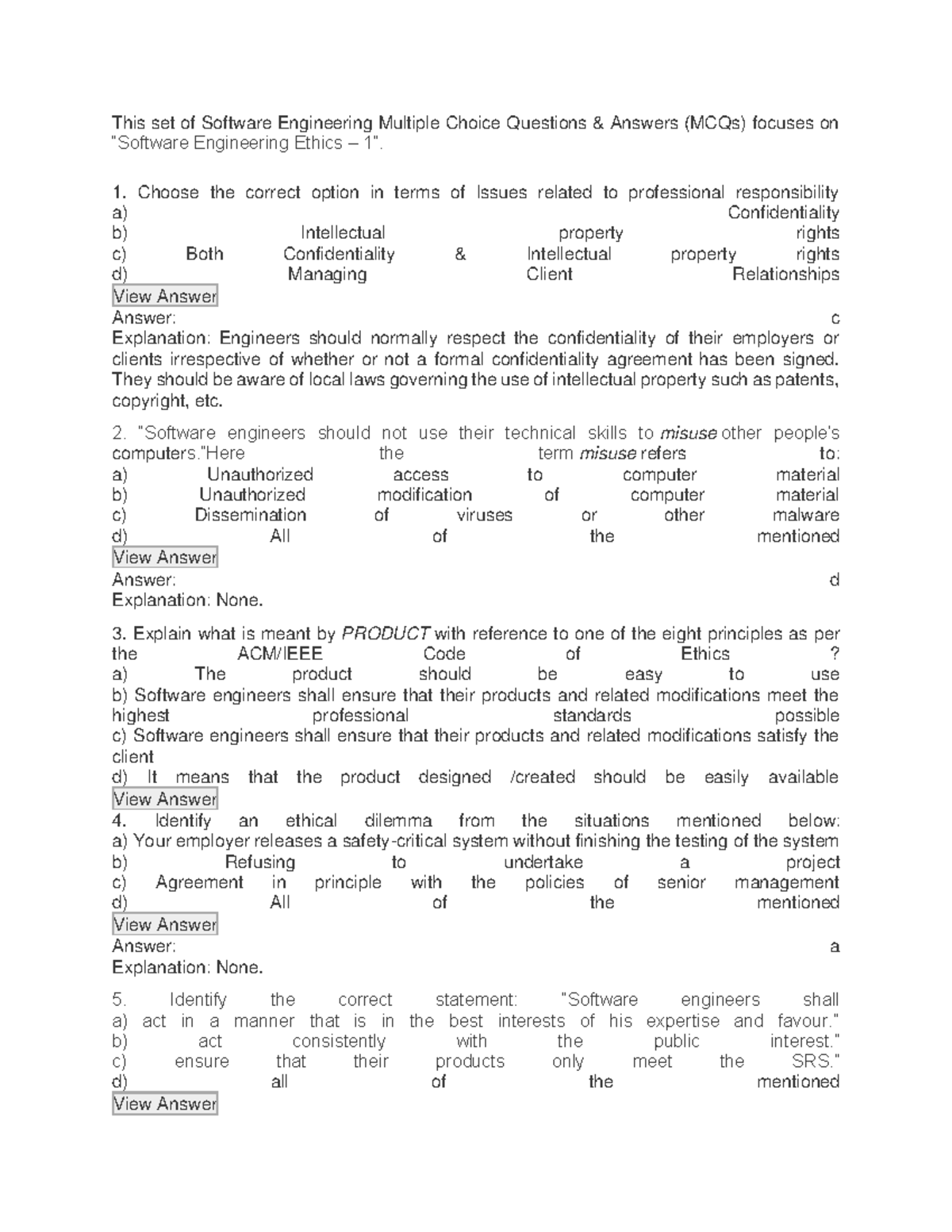 Mid Good One This Set Of Software Engineering Multiple Choice Questions And Answers Mcqs 7928