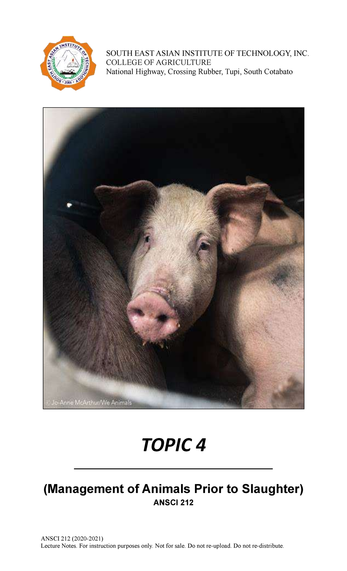 Topic 4 Management of Animals prior to Slaughter ANSCI 212 (2020