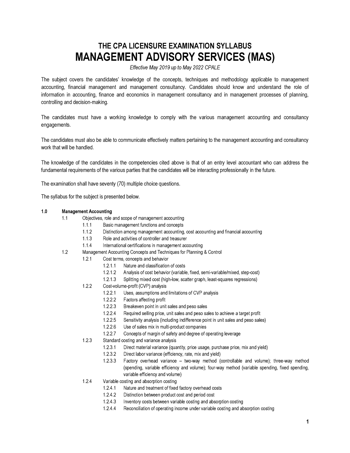 MAS Syllabus (May 2022 Cpale) THE CPA LICENSURE EXAMINATION SYLLABUS