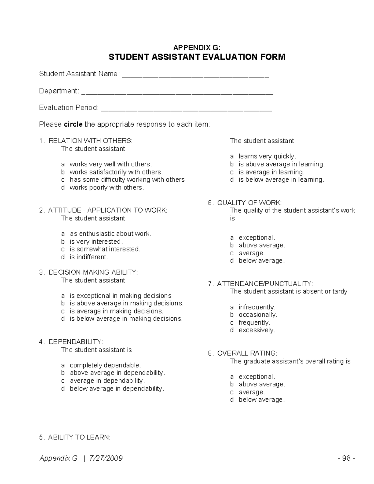 Appendix G eveluation form - Appendix G | 7/27/2009 98 APPENDIX G ...