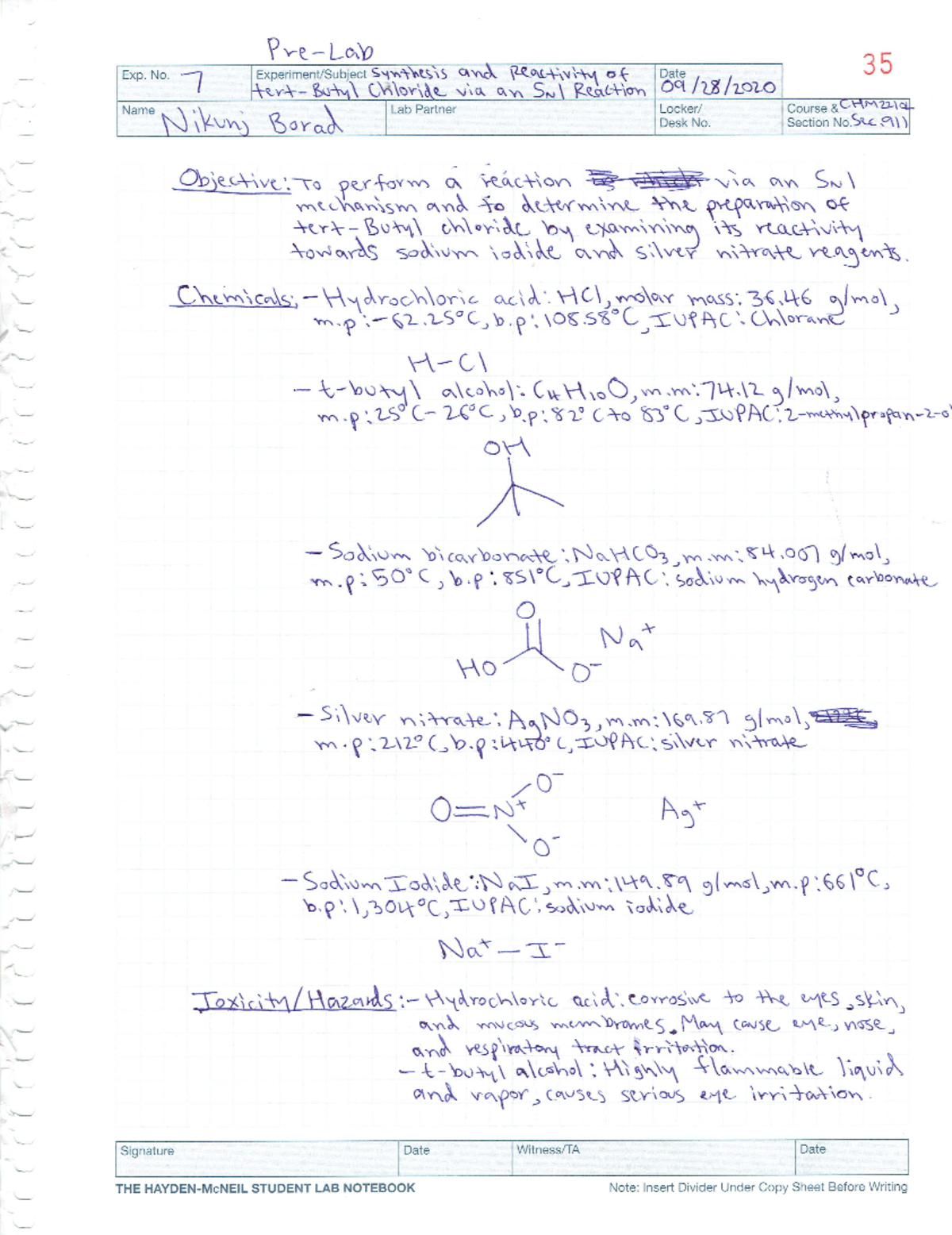 CHM 2210L Pre Lab 7 - dsfdsfsfsdfs fdsf - Exp. No. 7 Synthesis and ...
