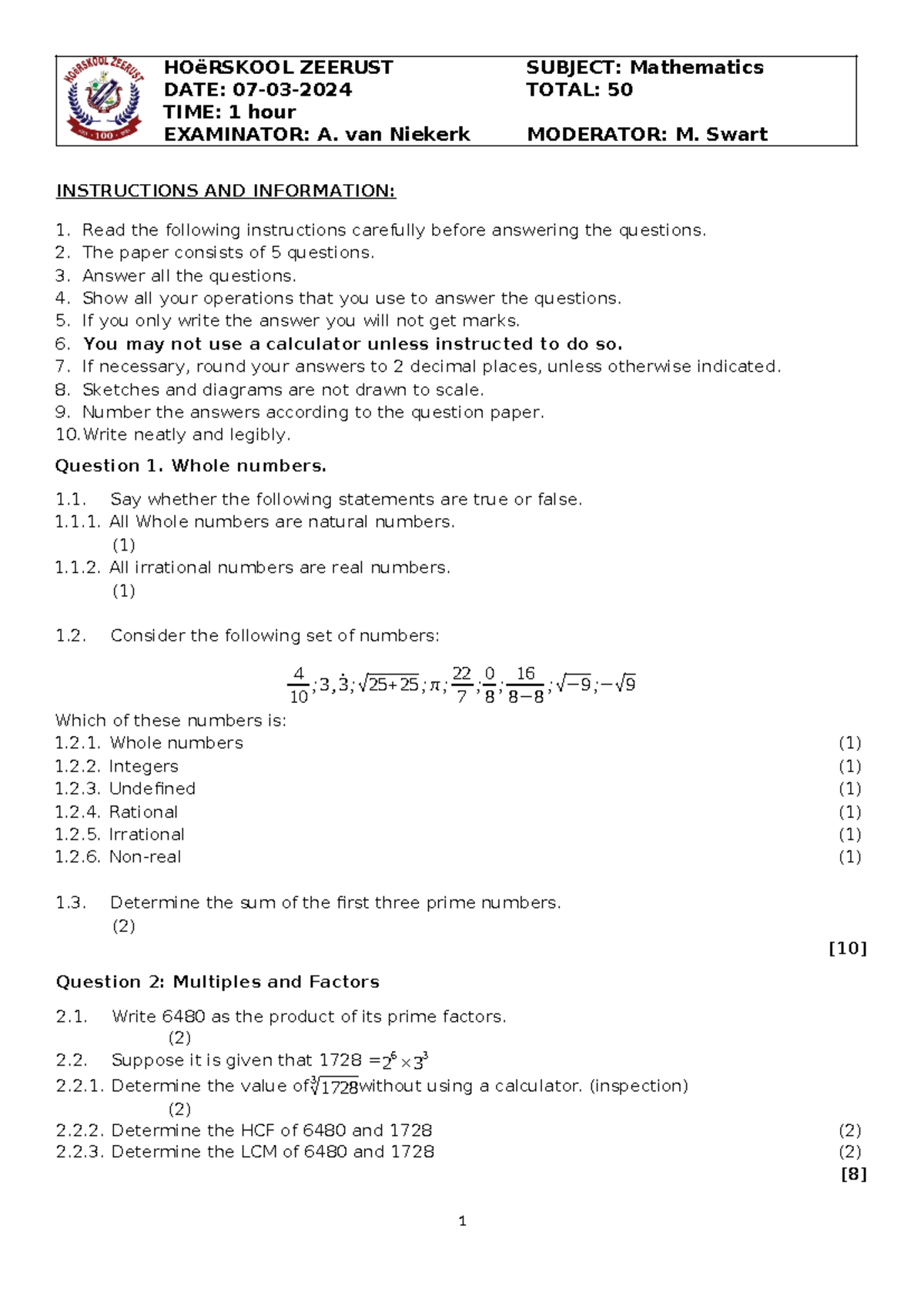 Mathematics test term 1 grade 9 - HOëRSKOOL ZEERUST SUBJECT ...