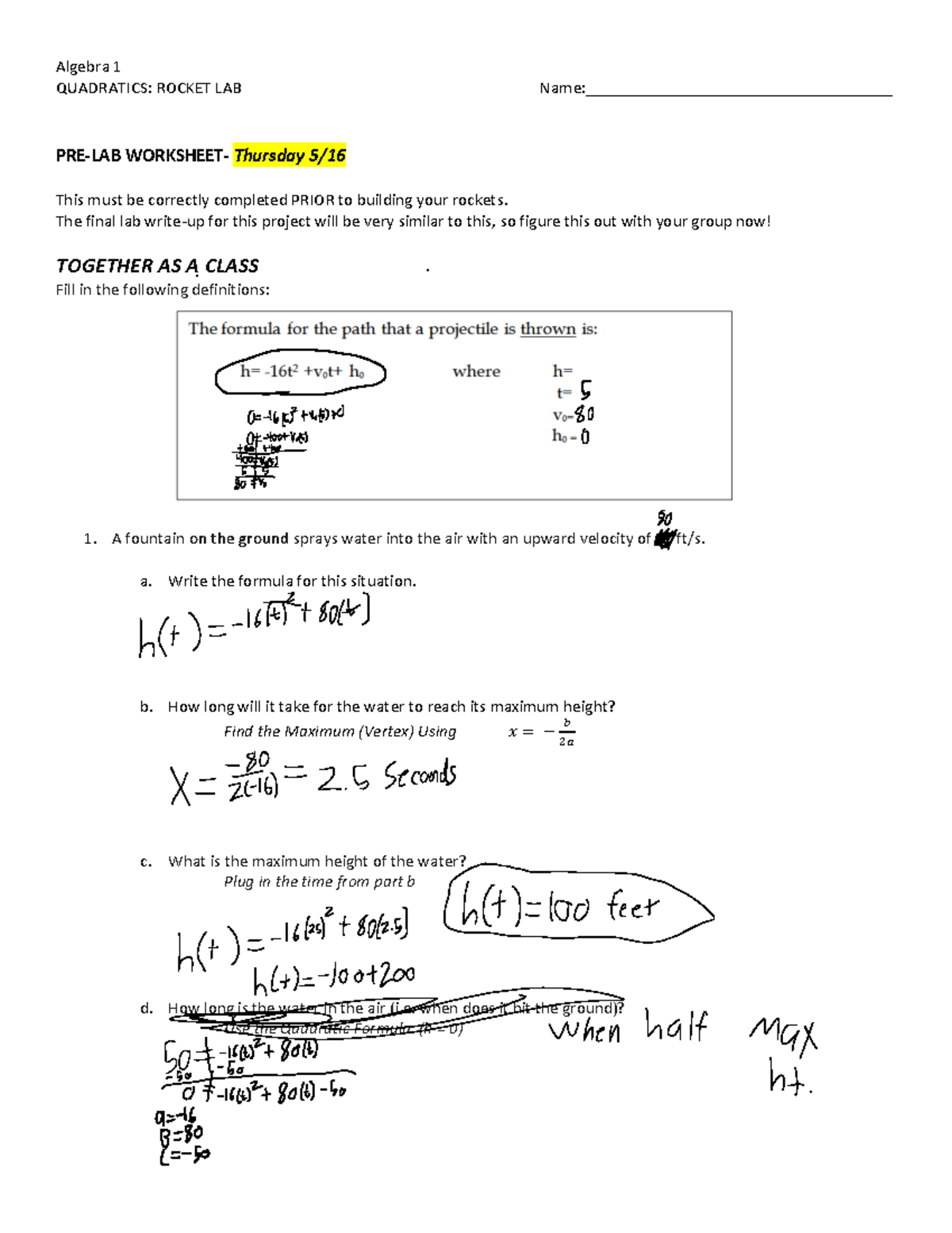 8.9 math worksheet - Algebra 1 QUADRATICS: ROCKET LAB Name