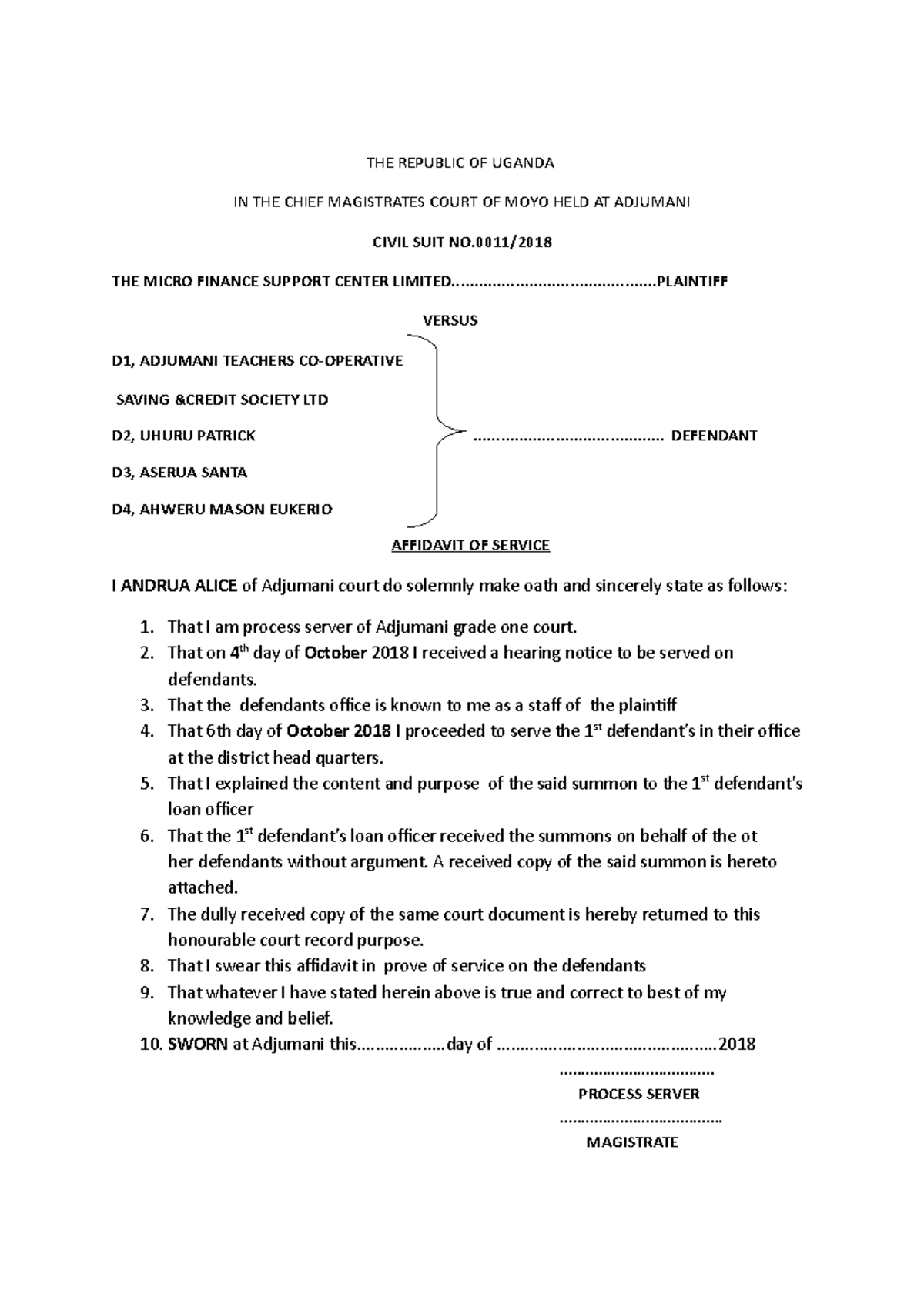 Affidavit - CIVIL PROCEDURE - THE REPUBLIC OF UGANDA IN THE CHIEF ...