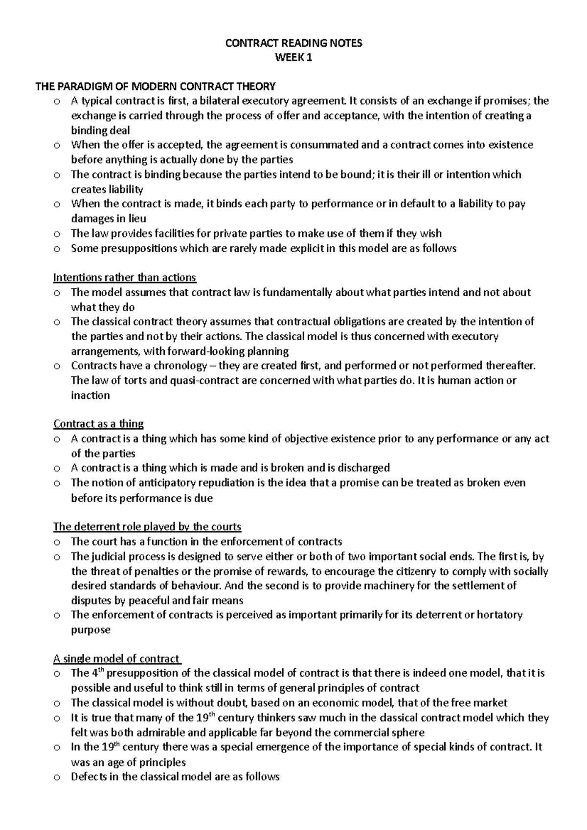 Reading notes for Contract Law A (Week 1) - CONTRACT READING NOTES WEEK ...