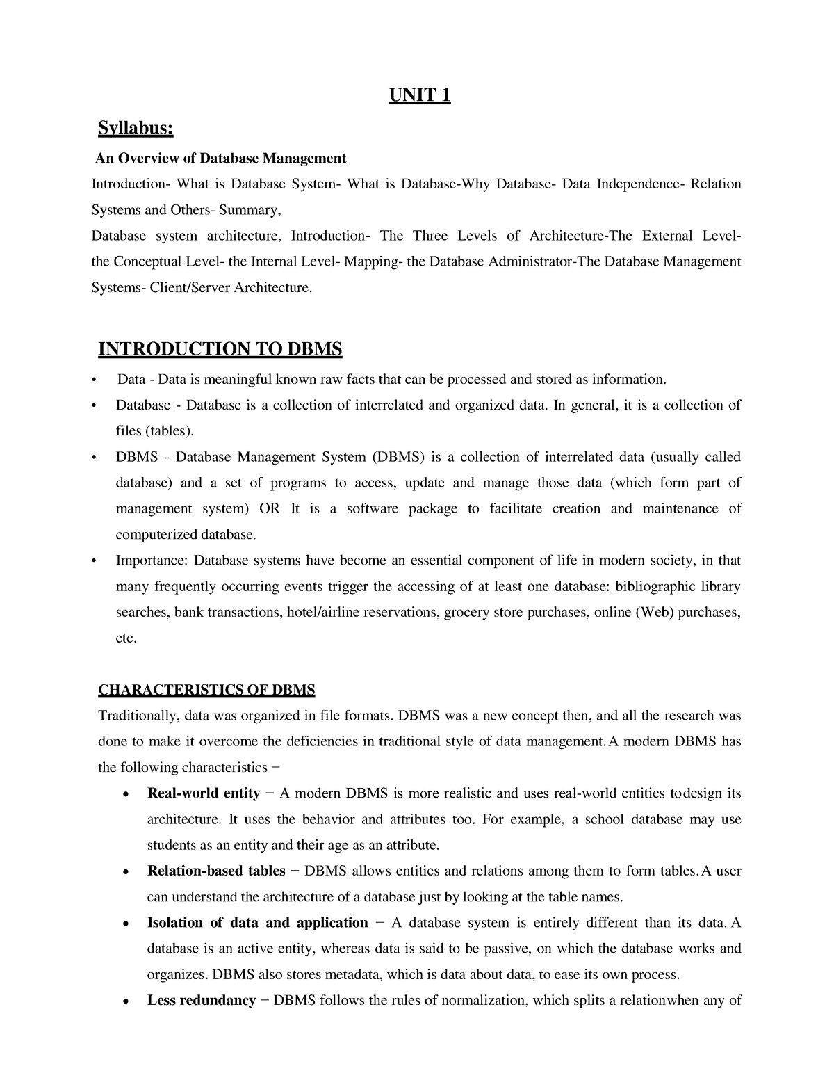 DBMS UNIT 1 Material - UNIT 1 Syllabus: An Overview Of Database ...