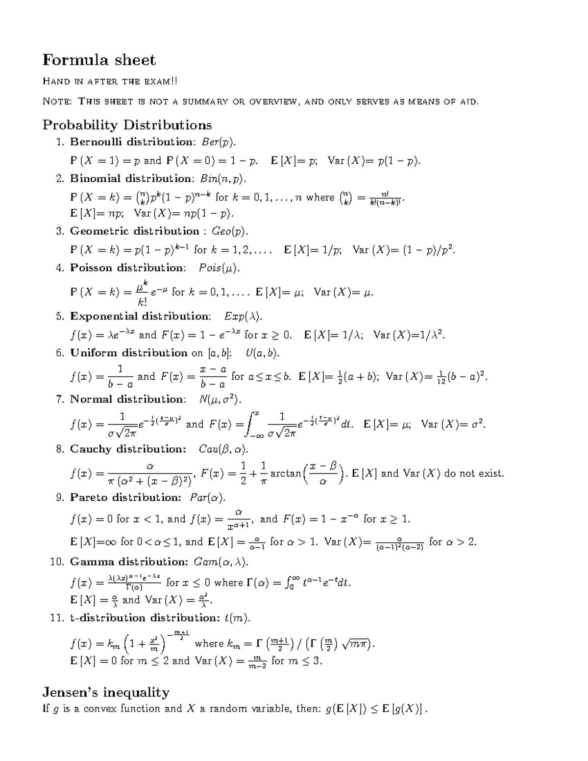 Formula sheet for probability and statistics - Formula sheet Hand in ...