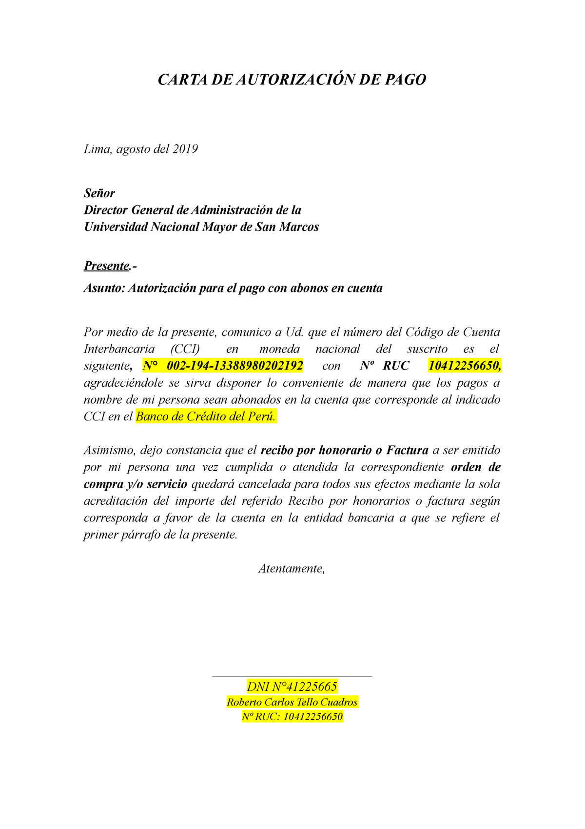 Carta De Autorización De Pago Carta De AutorizaciÓn De Pago Lima