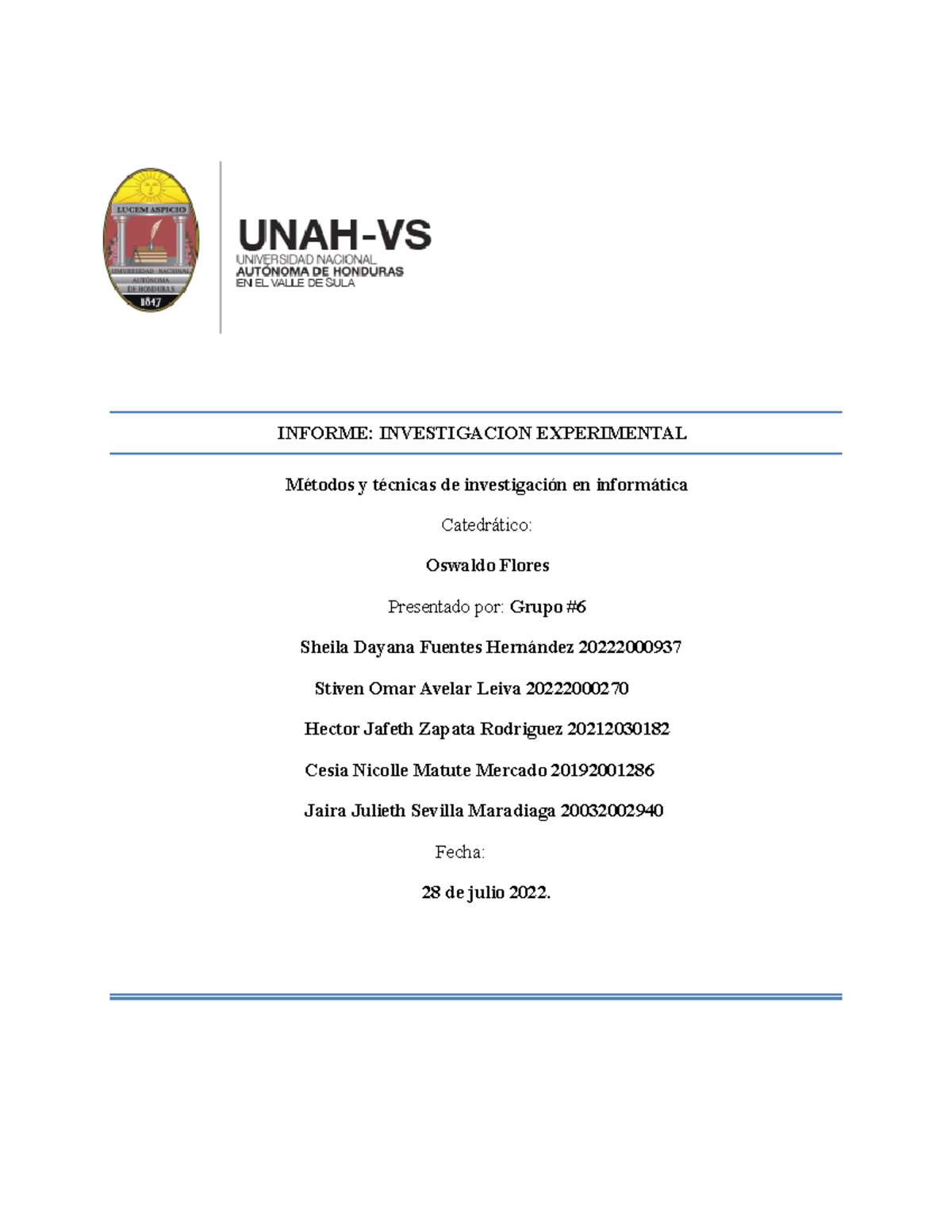 Informe Grupo 6 Informe Investigacion Experimental Métodos Y