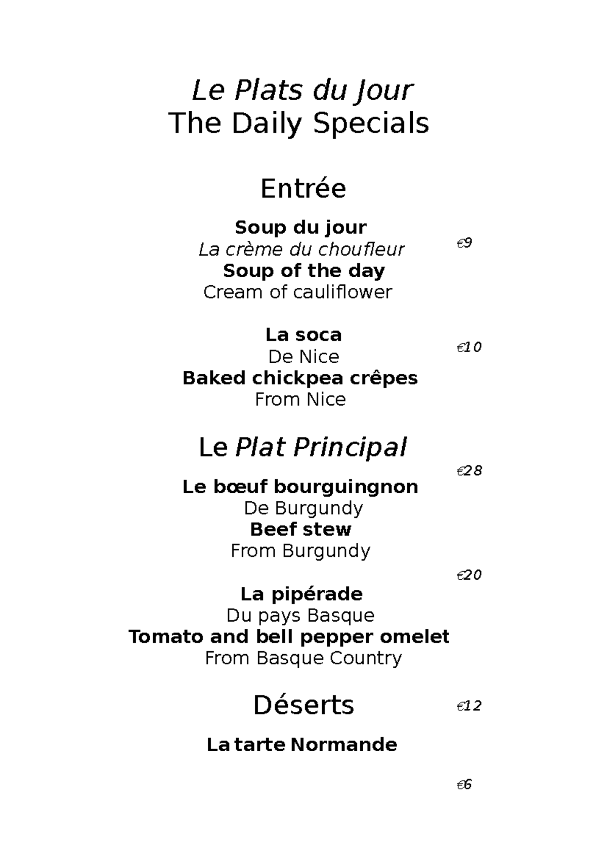 L'iris pdf Menu Le Plats du Jour The Daily Specials Entrée Soup du