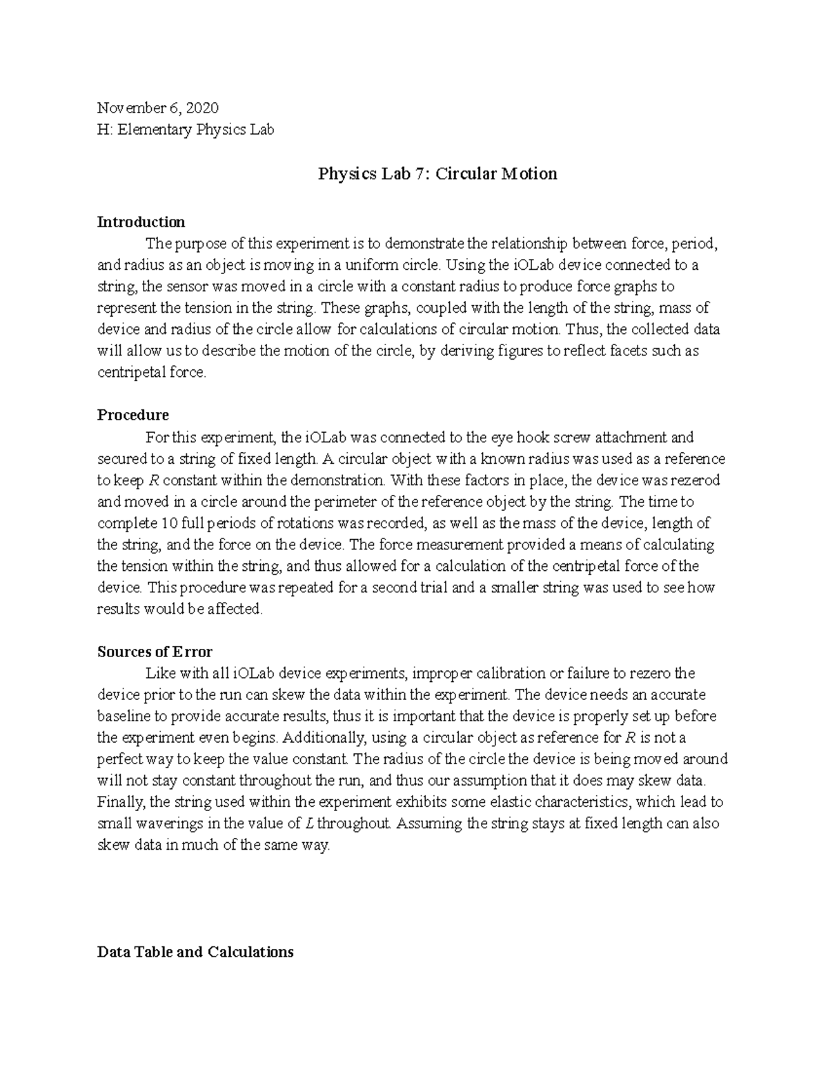 Physics Lab 7 - November 6, 2020 H: Elementary Physics Lab Physics Lab ...