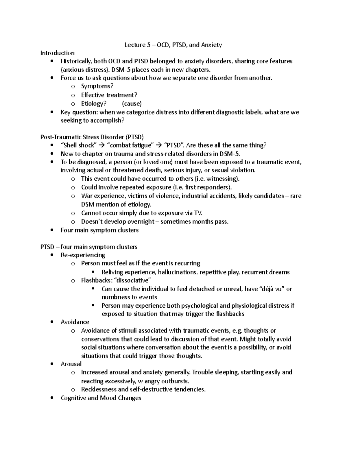 Lecture 5 - OCD, PTSD, and Anxiety - Lecture 5 – OCD, PTSD, and Anxiety ...