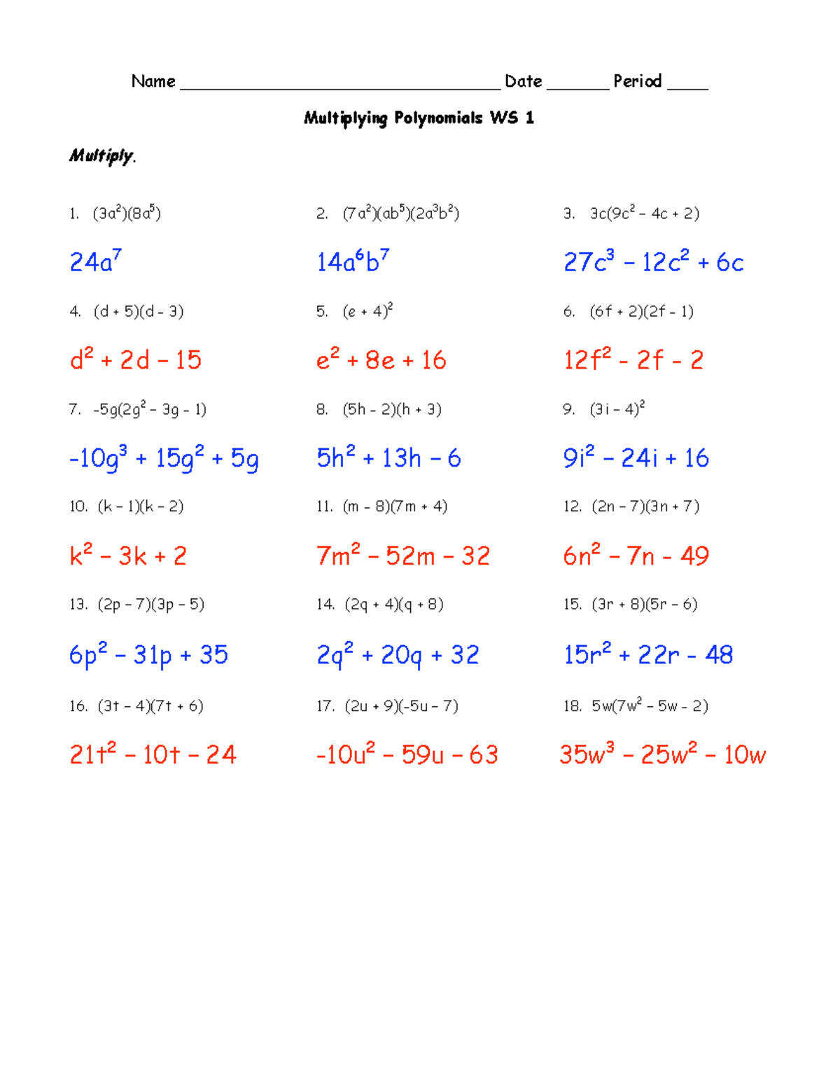 Multiplying Polynomials WS 1 Solu - Name ...