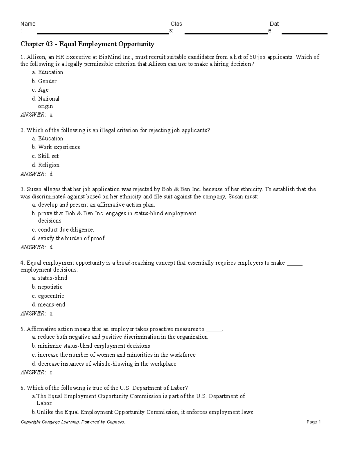 Chapter 03 Equal Employment Opportunity - Name : Clas S: Dat E: Chapter ...