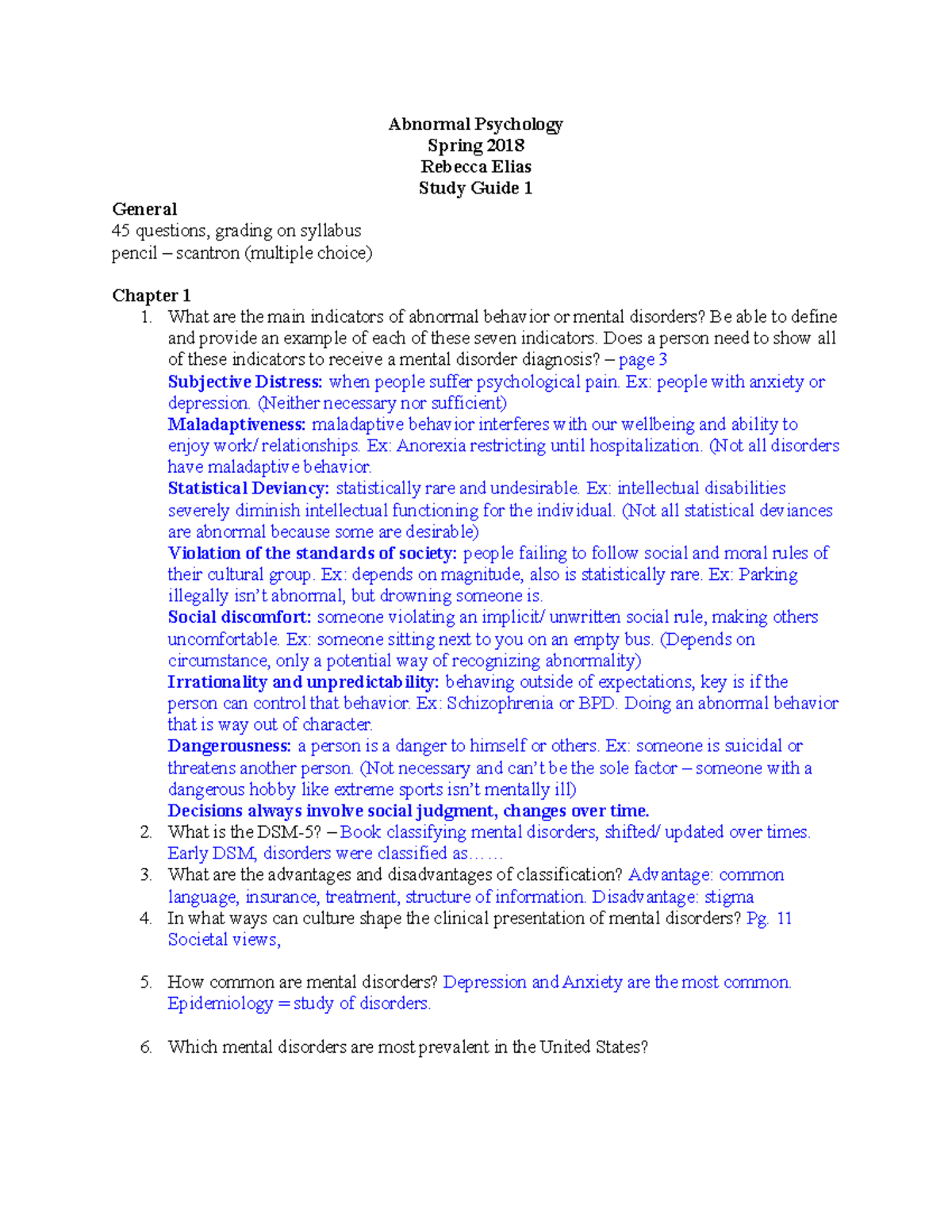 Exam 1 study guide - Abnormal Psychology Spring 2018 Rebecca Elias ...