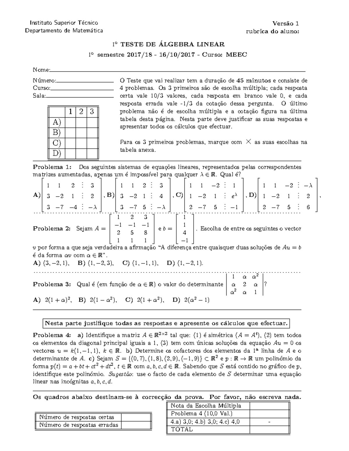 Teste F Instituto Superior T ́ecnico Departamento De Matem ́atica