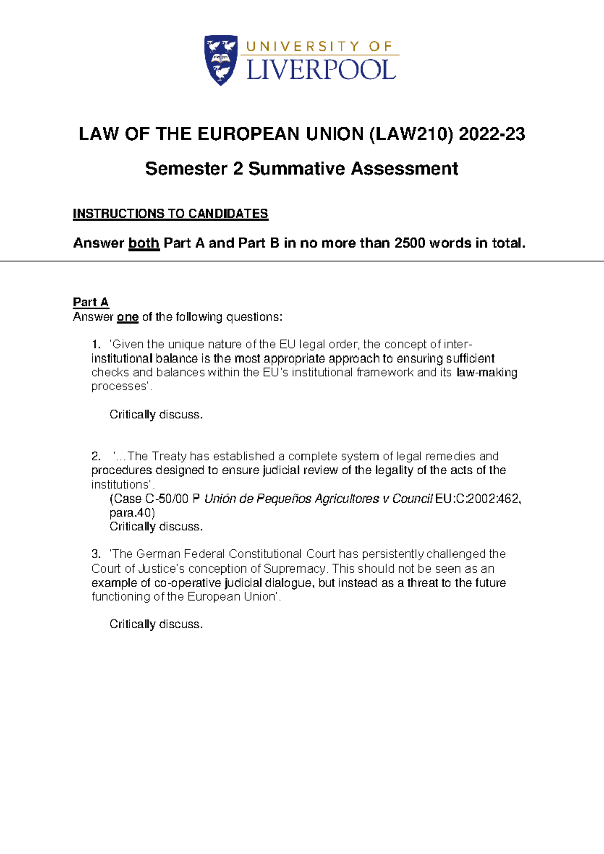 LAW210 - Law of the European Union Coursework Question - LAW OF THE ...
