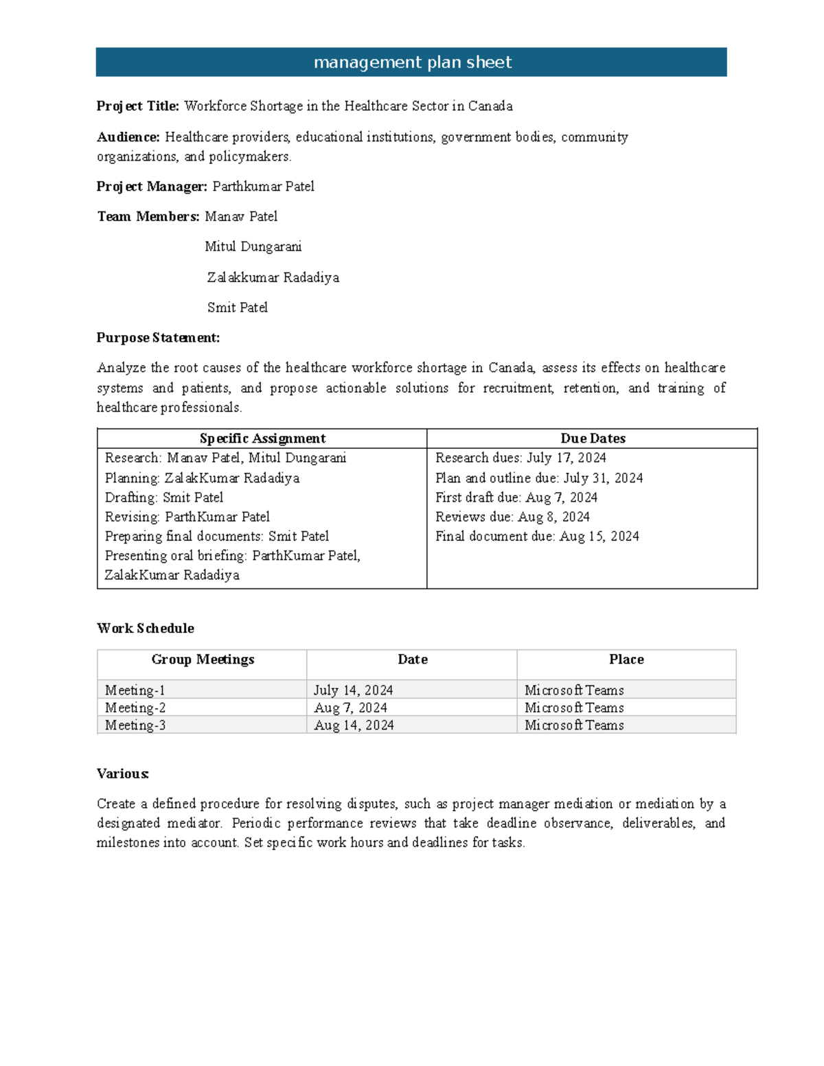Managment plan sheet group assignment - Project Title: Workforce ...