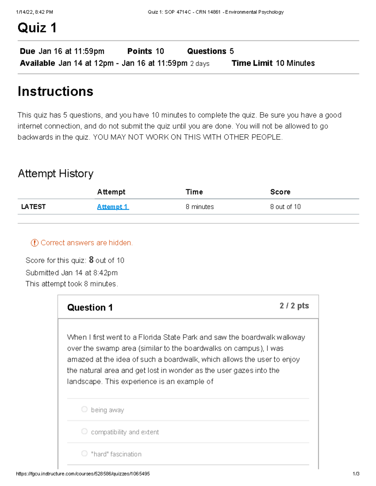 Quiz 1 SOP 4714C - CRN 14861 - Environmental Psychology - 1/14/22, 8:42 ...