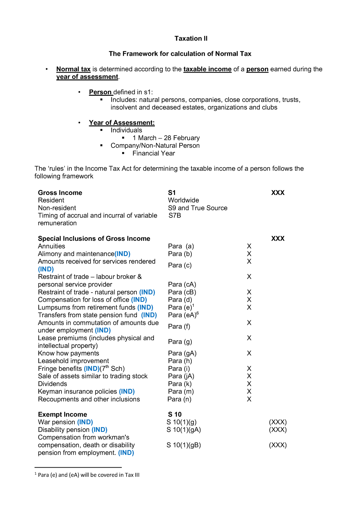 The Framework For Calculation Of Normal Tax Taxation II The Framework 