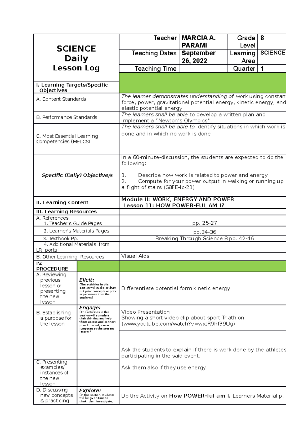 Science 8 DLL (Sept 26) - Study - SCIENCE Daily Lesson Log Teacher ...