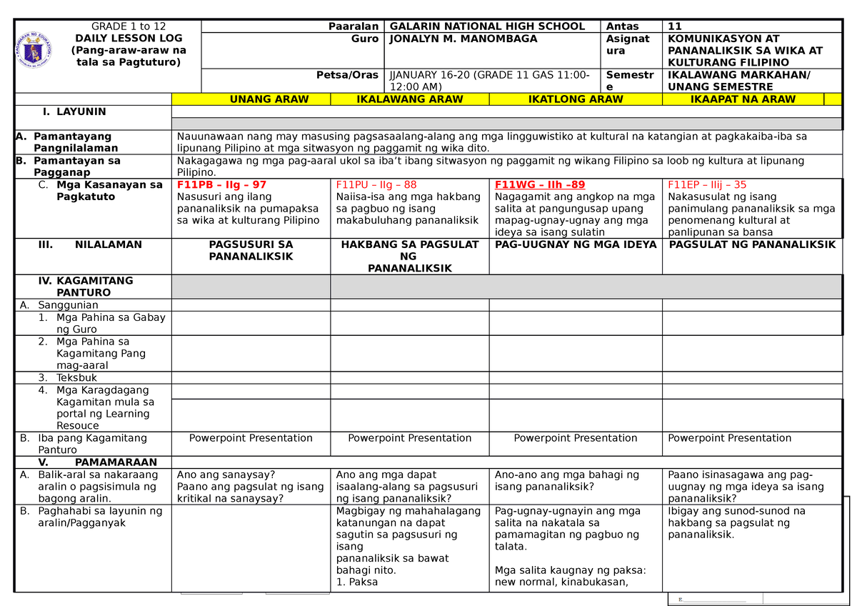 Q2 Week 7 8 Docs Grade 1 To 12 Daily Lesson Log Pang Araw Araw Na Tala Sa Pagtuturo 