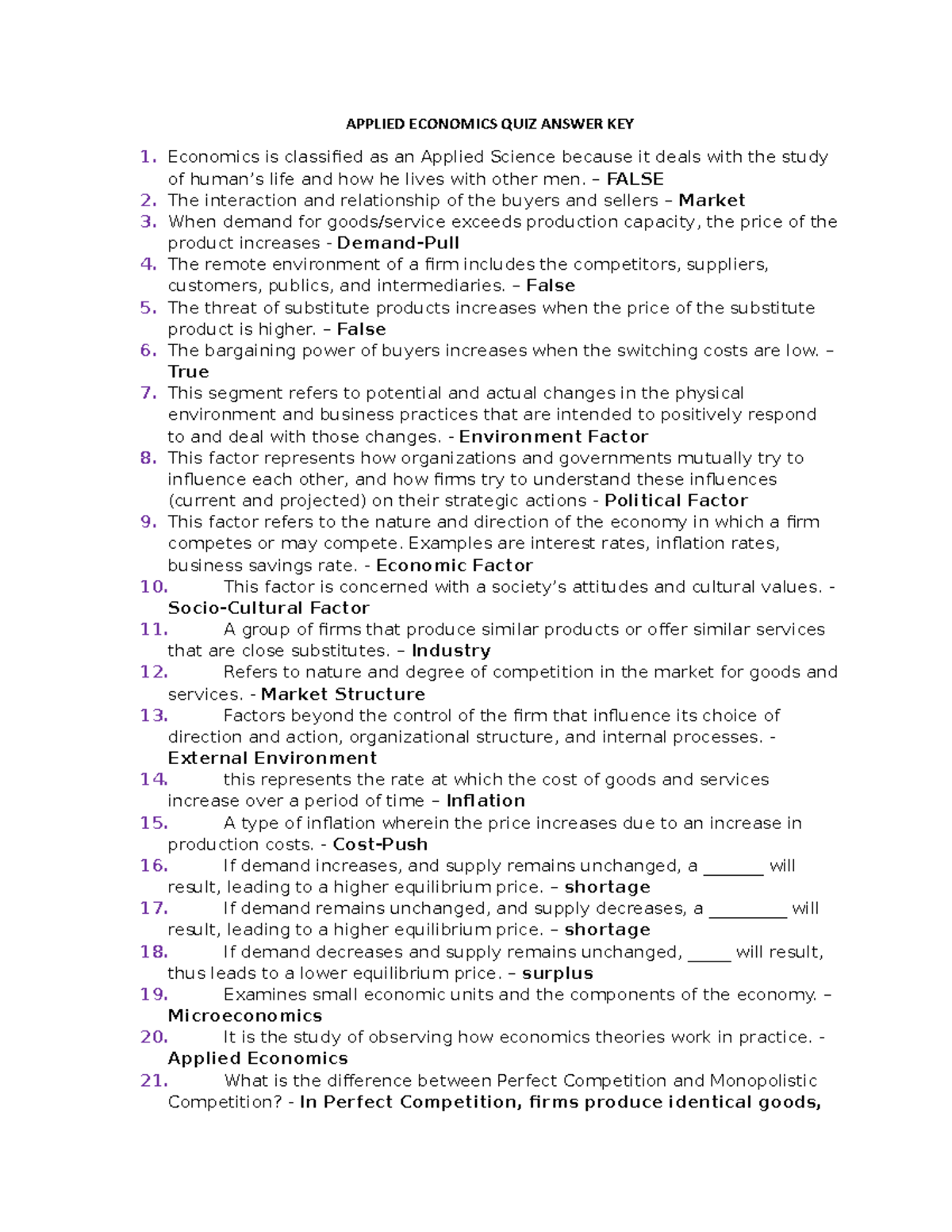 Applied Economics Quiz Answer Key Studocu