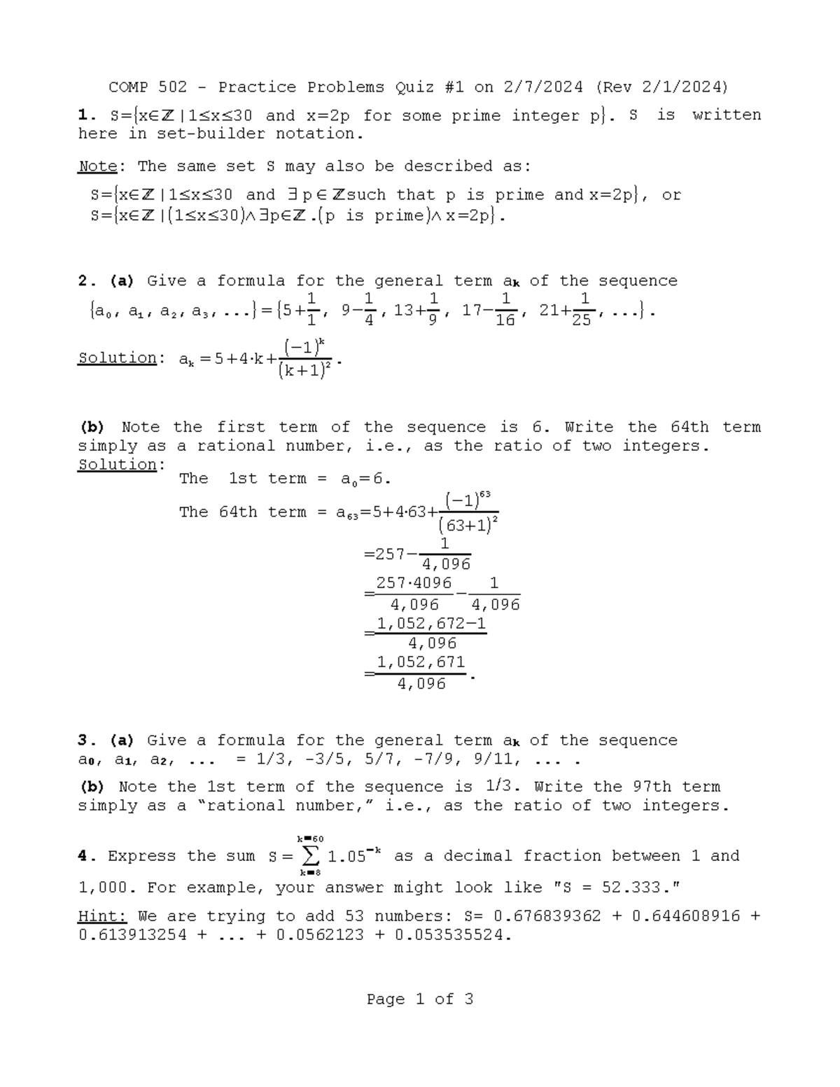 Sample quiz 1 S2024 v - COMP 502 - Practice Problems Quiz #1 on 2/7 ...