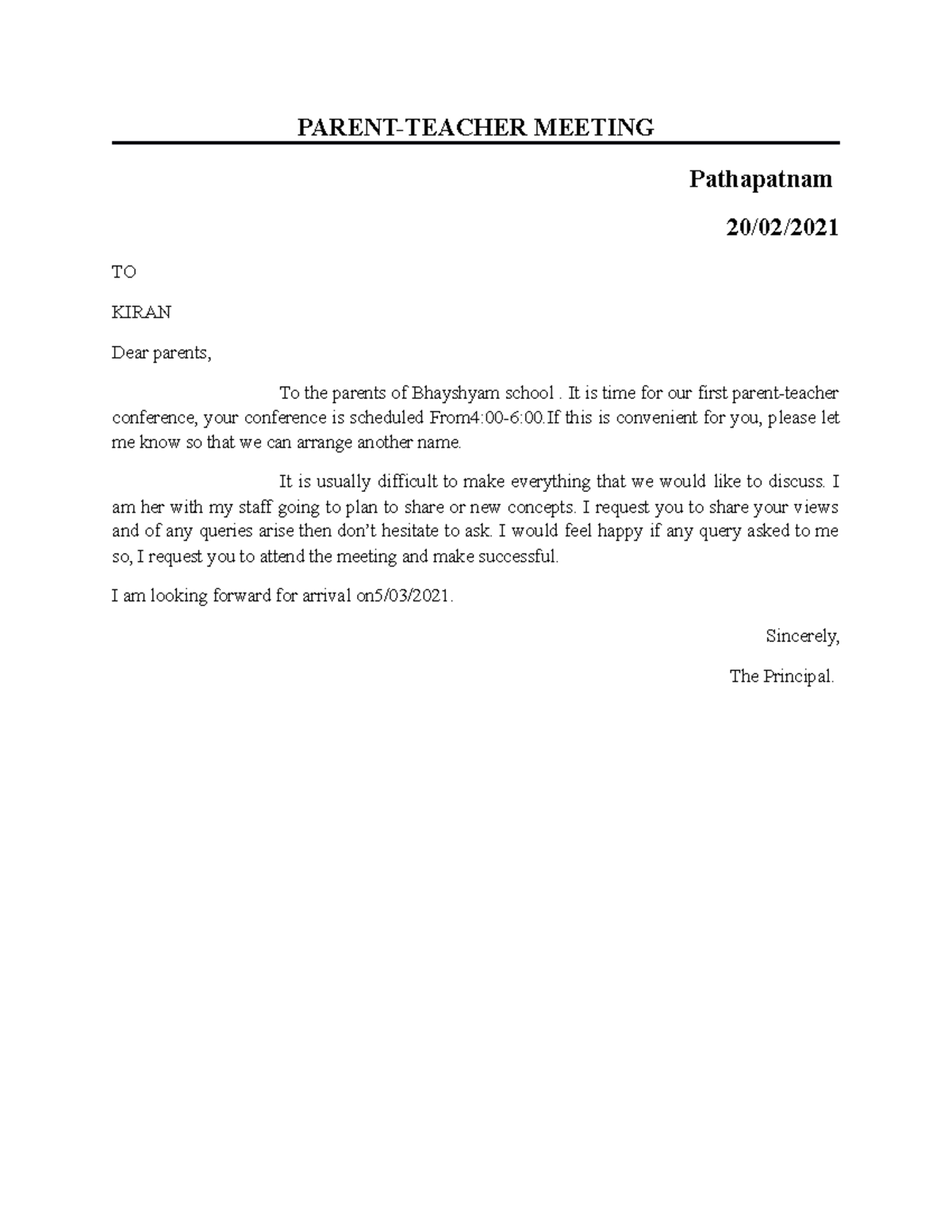 Letter 1 - mail merge - Pathapatnam 20/02/ TO KIRAN Dear parents, To ...