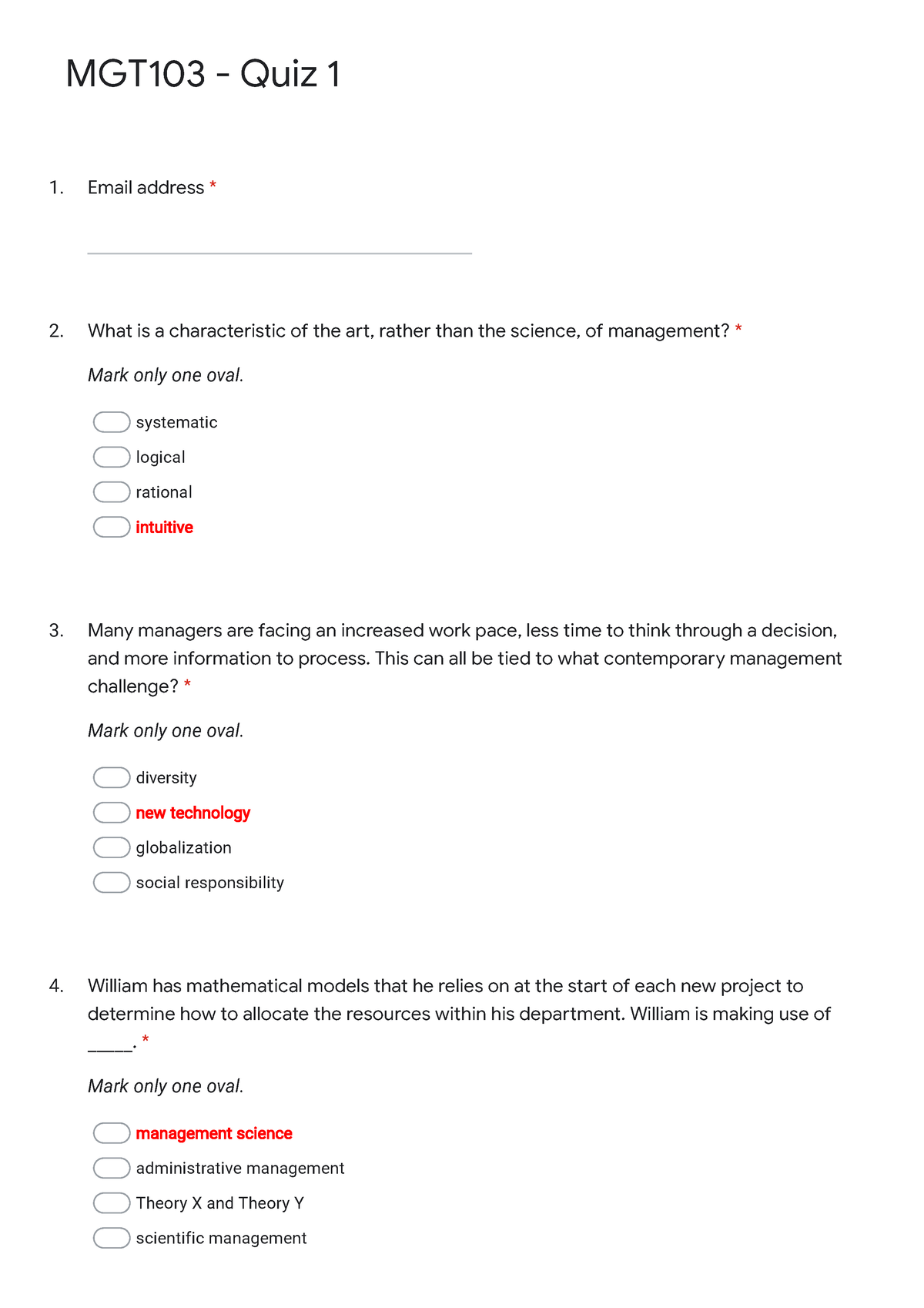 Review MGT103 - Icslcnik - 1. Email Address * 2. Mark Only One Oval ...