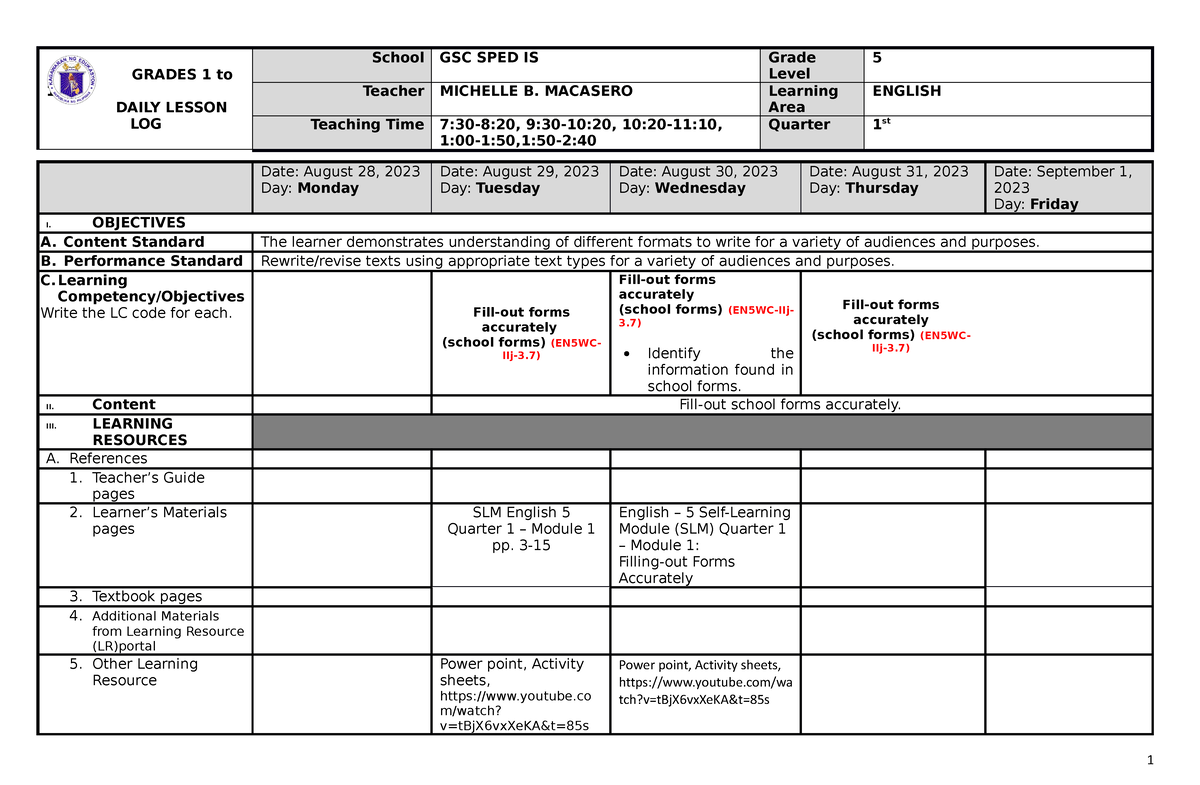 Week 1 - DLL - GRADES 1 To 12 DAILY LESSON LOG School GSC SPED IS Grade ...