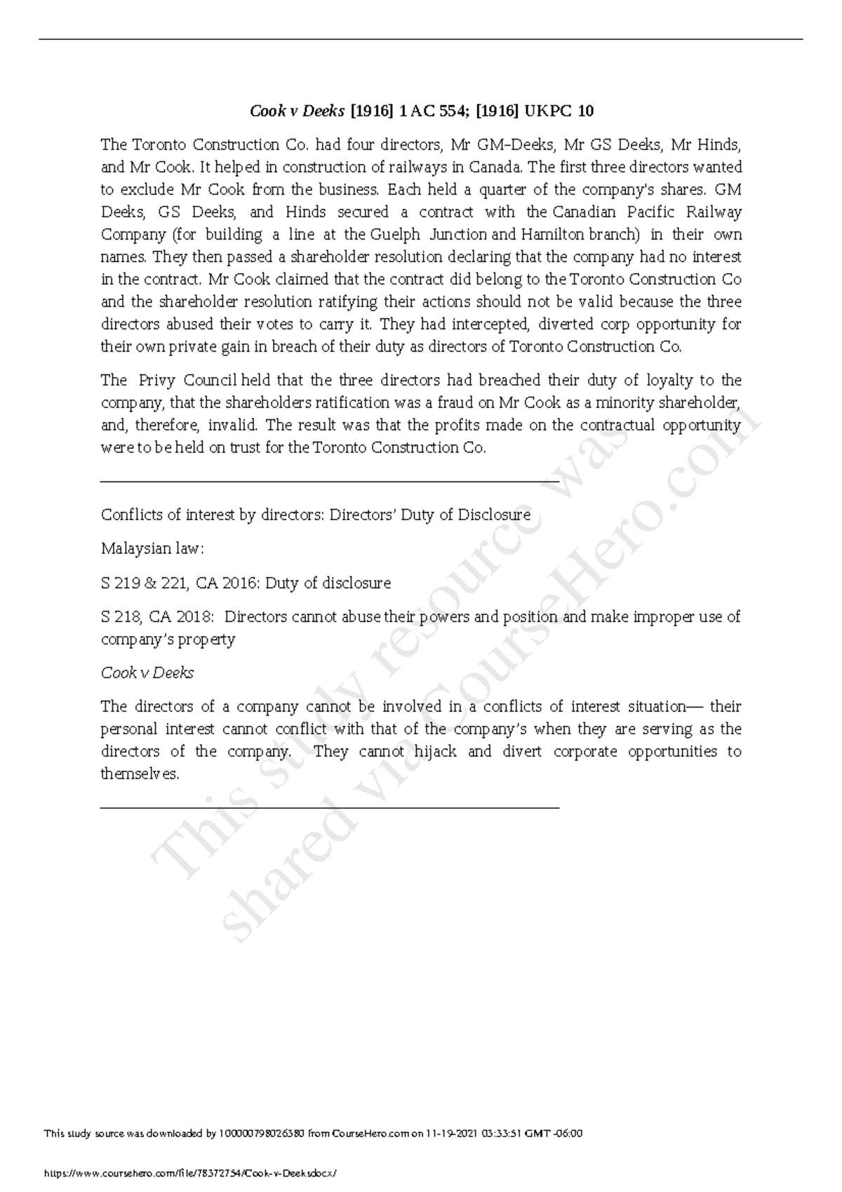 Cook v Deeks CASE NOTE Birmingham Studocu