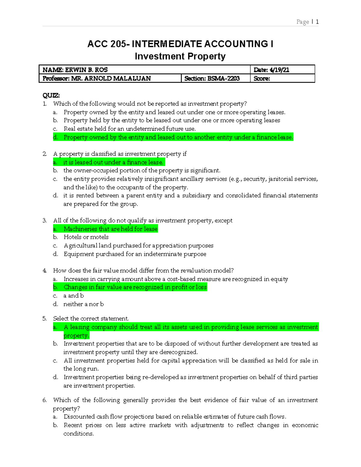 QUIZ Investment- Property - Page | 1 ACC 205- INTERMEDIATE ACCOUNTING I ...