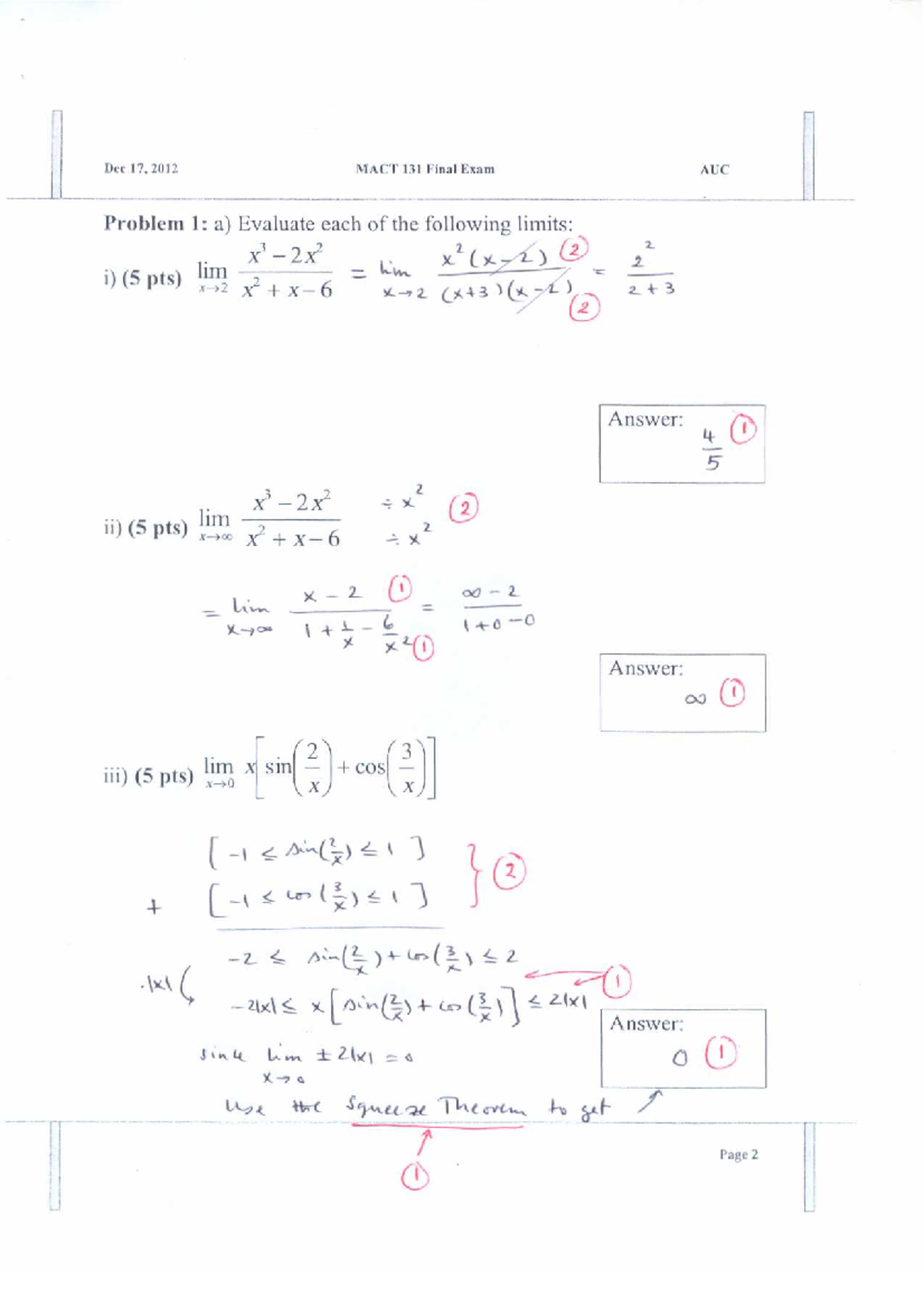 Solution of Mact 131, Fall 2012 , Final - Calculus I - Studocu