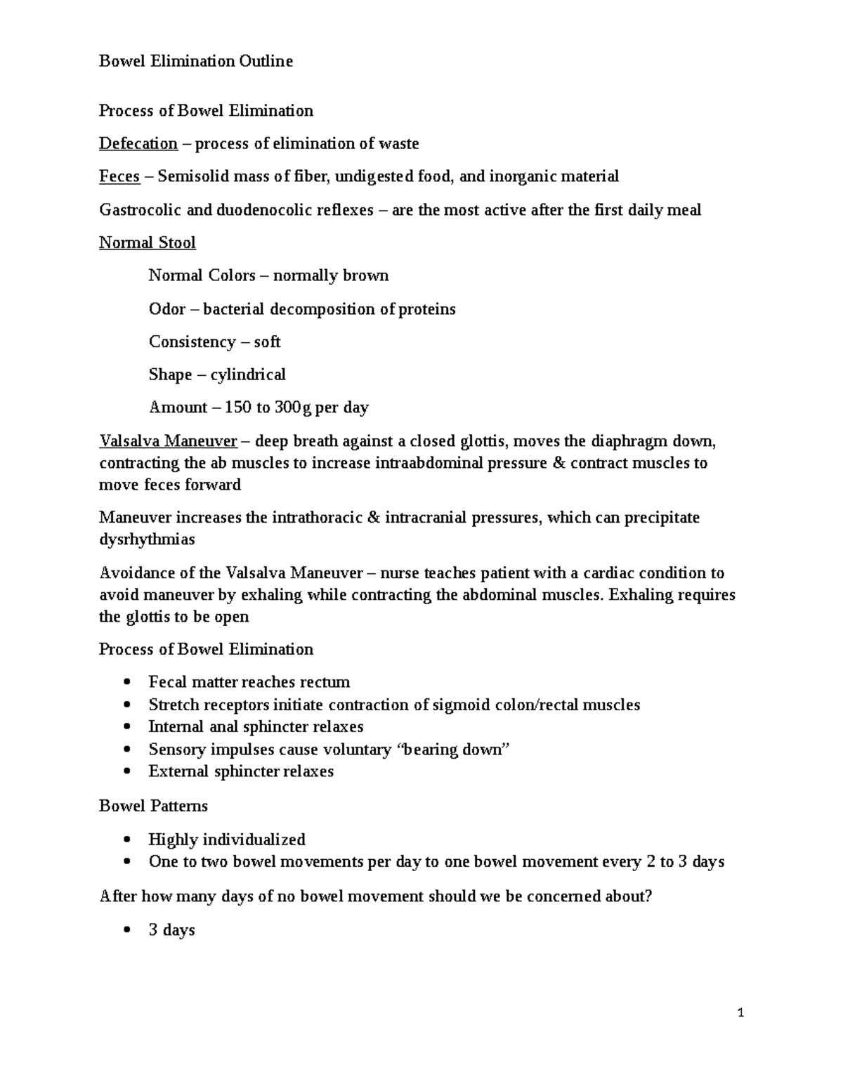 Bowel Elimination Outline - Process of Bowel Elimination Defecation ...