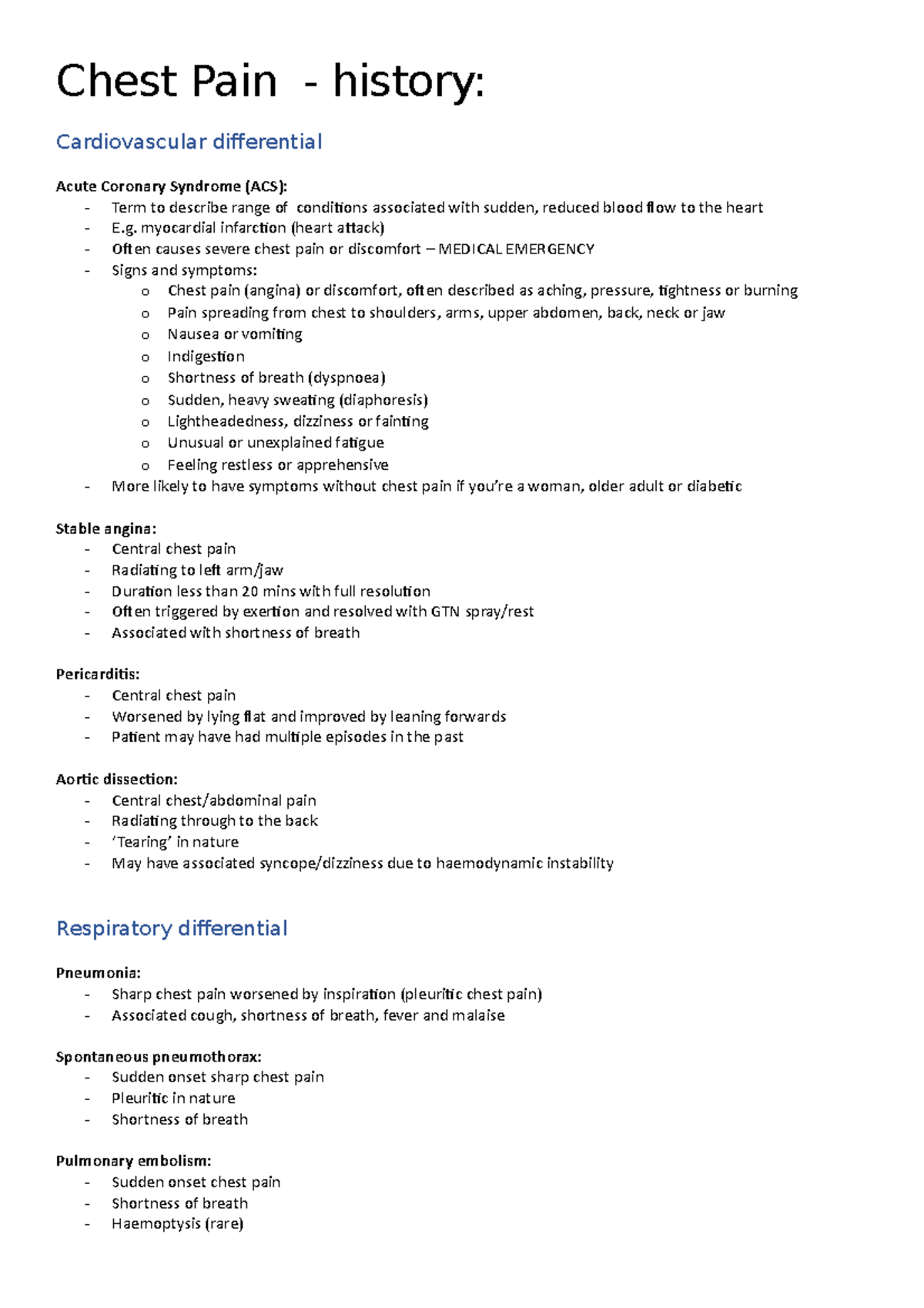 Chest pain differential diagnoses Chest Pain history