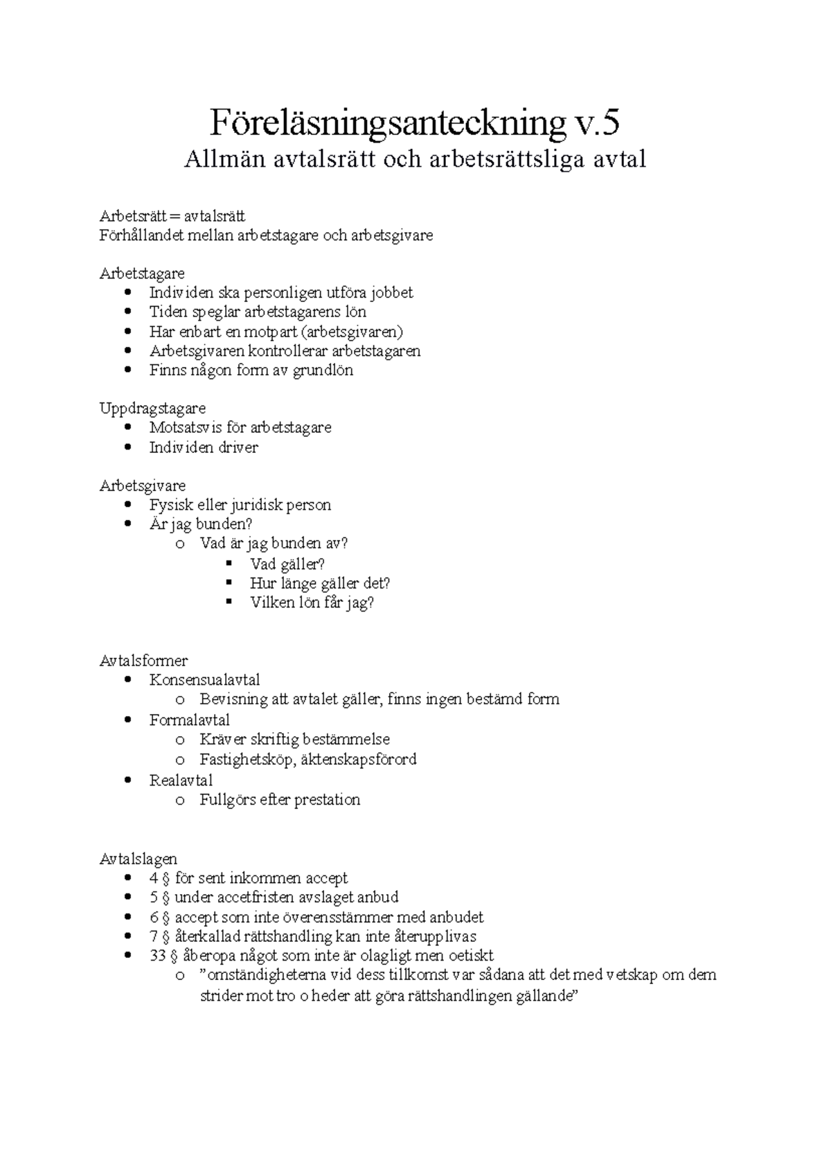 Föreläsningsanteckning; Allmän Avtalsrätt Och Arbetsrättsliga Avtal ...