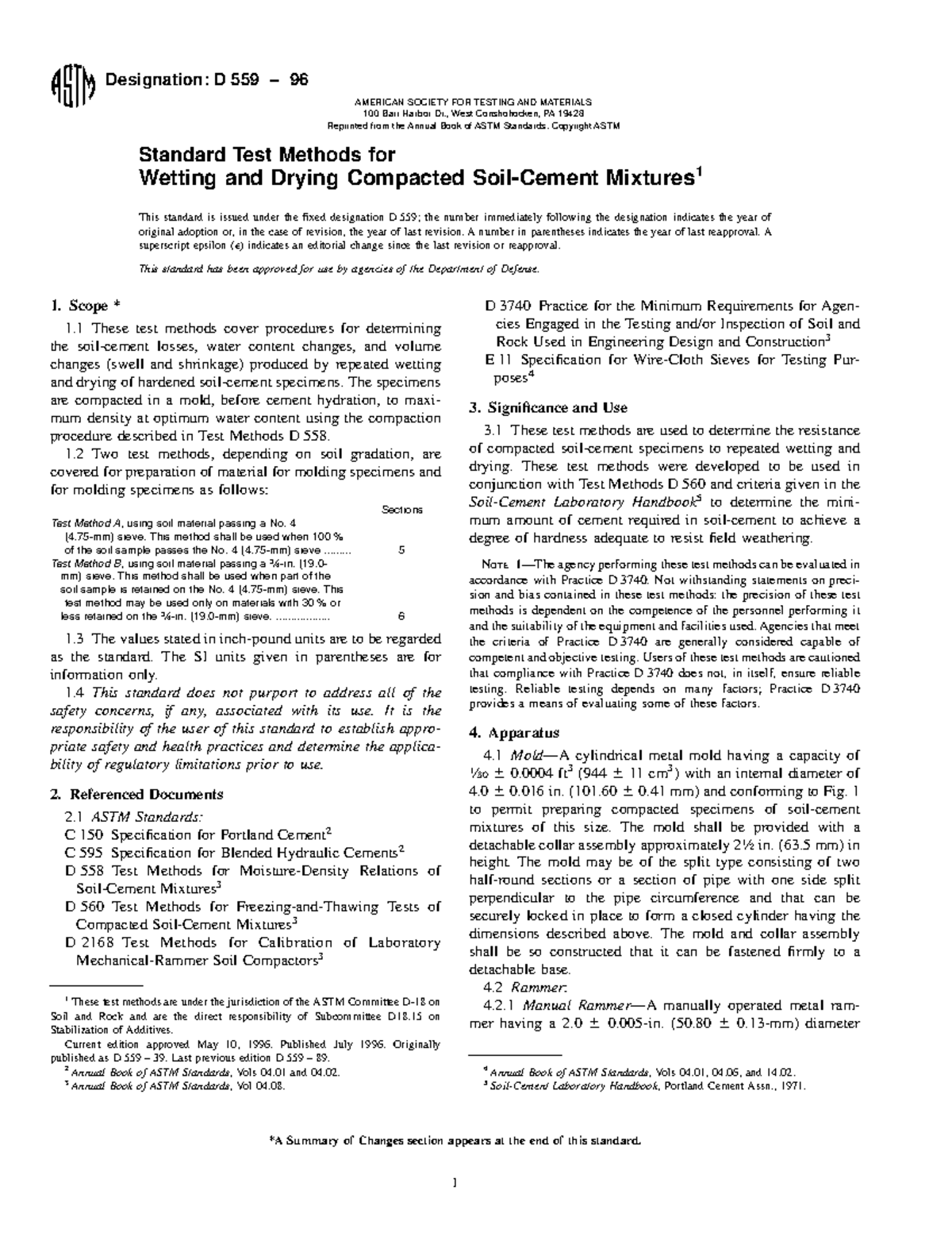 Astm d 559 96 standard test method for wetting and drying compacted ...