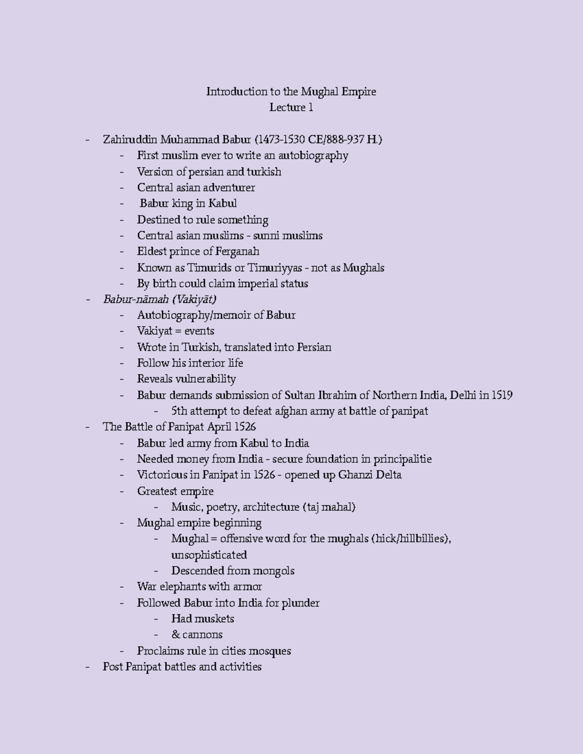 India Notes - HIST 4840 - Introduction to the Mughal Empire Lecture 1 ...